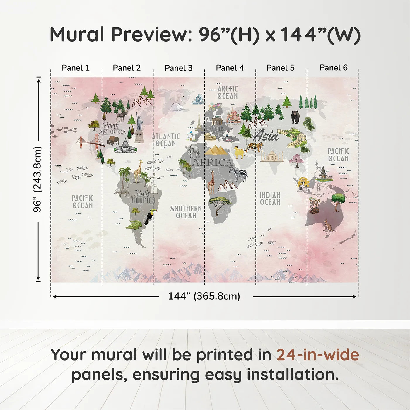 Whimsy Tots Landmark World Map Wall Muraldimension view (96" H x 144" W). Printed in six 24-inch-wide panels. Gender-Neutral