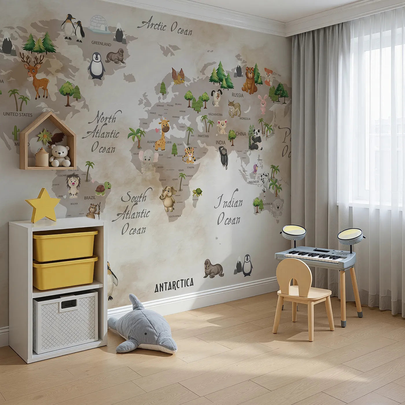 Angled view of Whimsy Tots' Vintage Animal World Map Wall Mural (Turn Their Room into a Classic Explorer's Study).Gender-Neutral