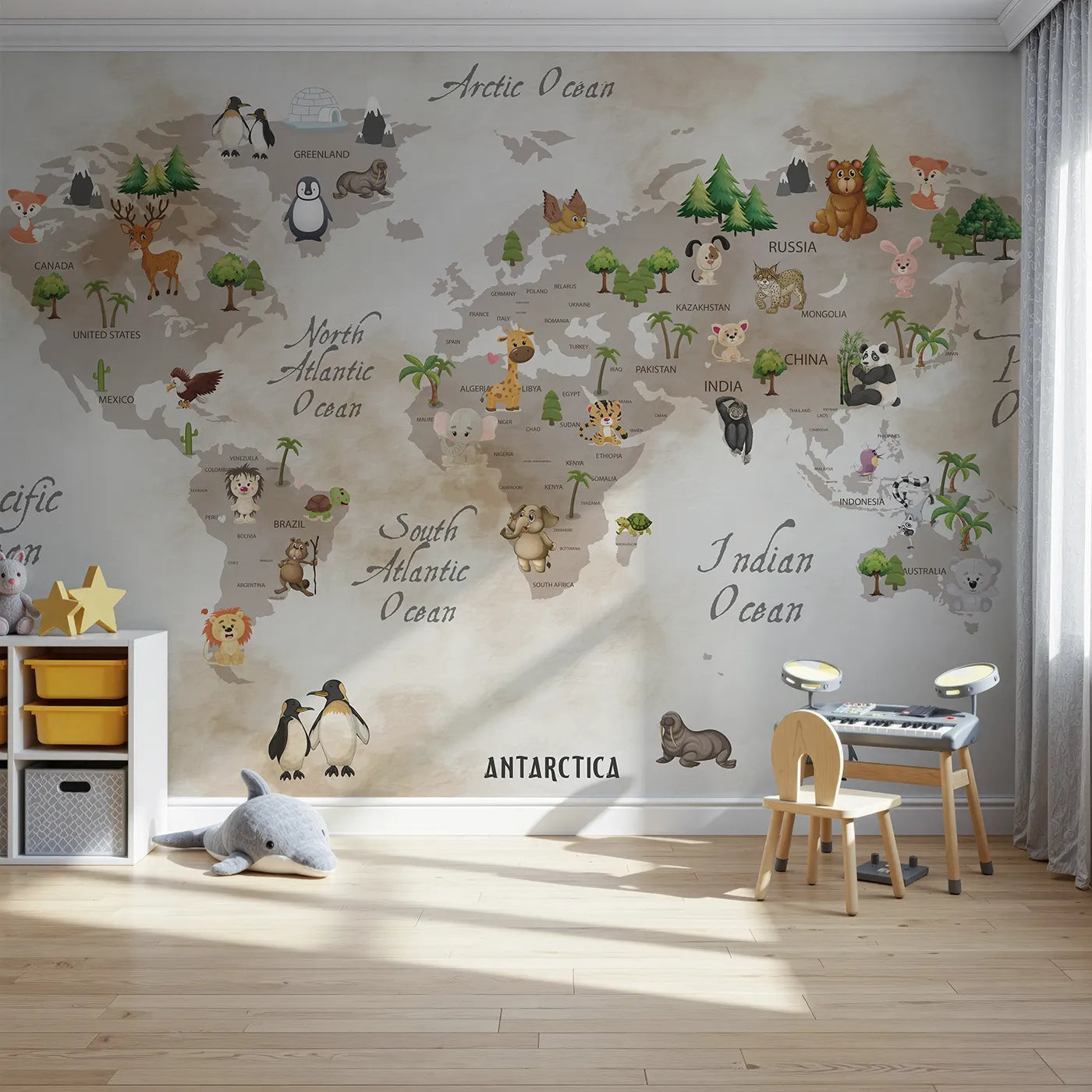 Front view of Whimsy Tots' Vintage Animal World Map Wall Mural