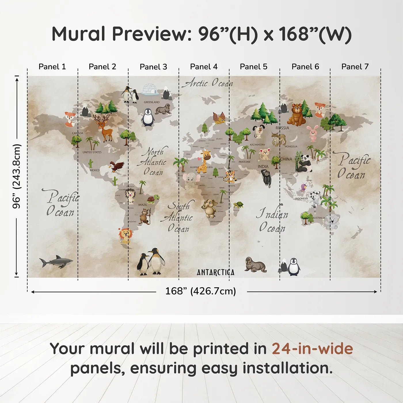Whimsy Tots Vintage Animal World Map Wall Muraldimension view (96" H x 168" W). Printed in seven 24-inch-wide panels. Gender-Neutral
