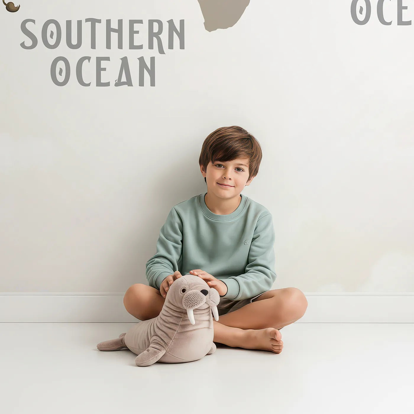 Child in front of Whimsy Tots Vintage Animal Aviator World Map Wall Mural in Gray with map, world, animal, airplane, vintage, travel, educational, gray in design.