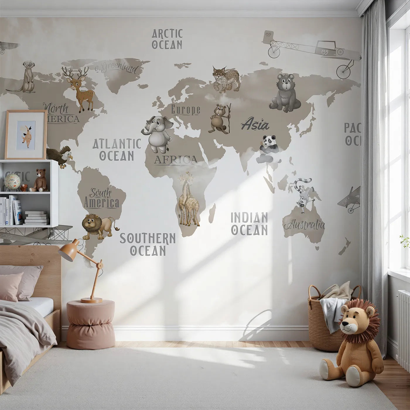 Front view of Whimsy Tots' Vintage Animal Aviator World Map Wall Mural in Gray