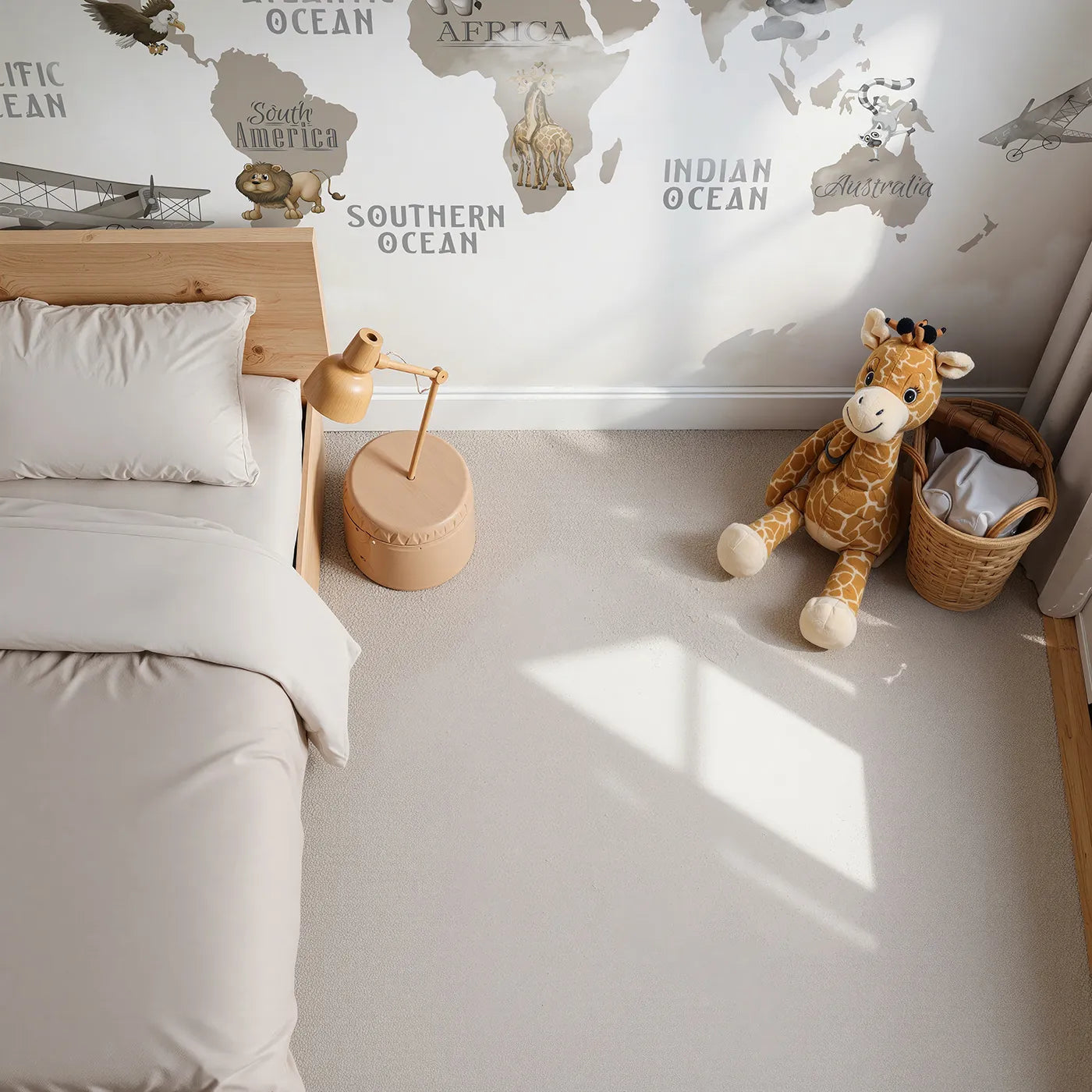Top-down view of Whimsy Tots' Vintage Animal Aviator World Map Wall Mural in Gray (Turn Their Room into a Whimsical World Tour).Gender-Neutral
