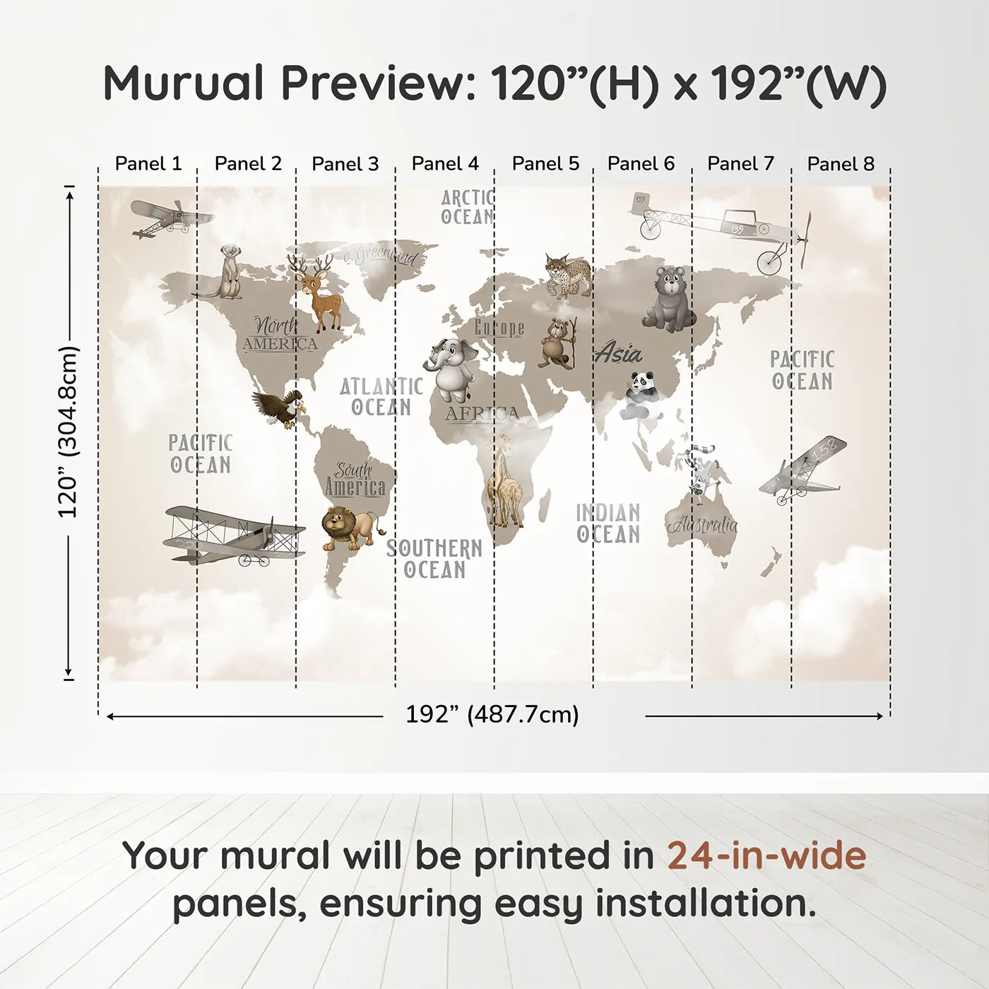 Whimsy Tots Vintage Animal Aviator World Map Wall Mural in Graydimension view (120" H x 192" W). Printed in eight 24-inch-wide panels. Gender-Neutral