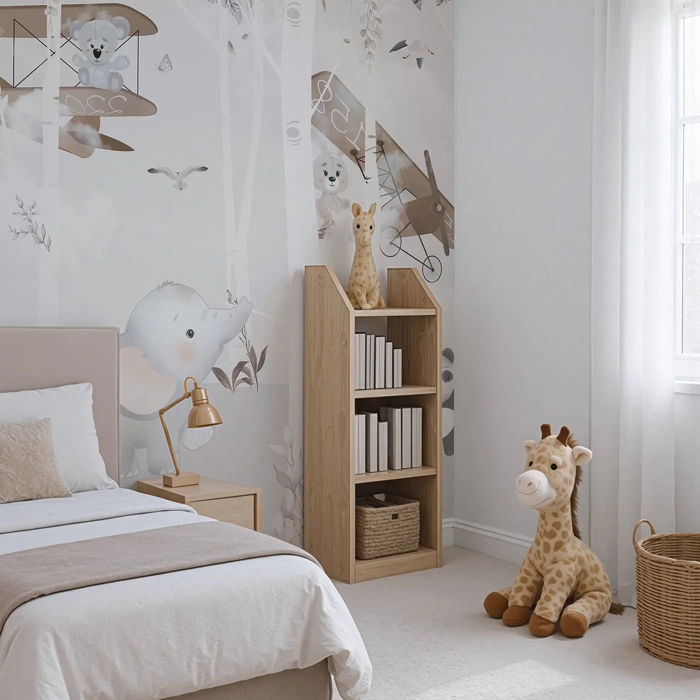 Angled view of Whimsy Tots' Safari Birch Forest Wall Mural (Turn Their Room into a Gentle, High-Flying Woodland Adventure).Gender-Neutral