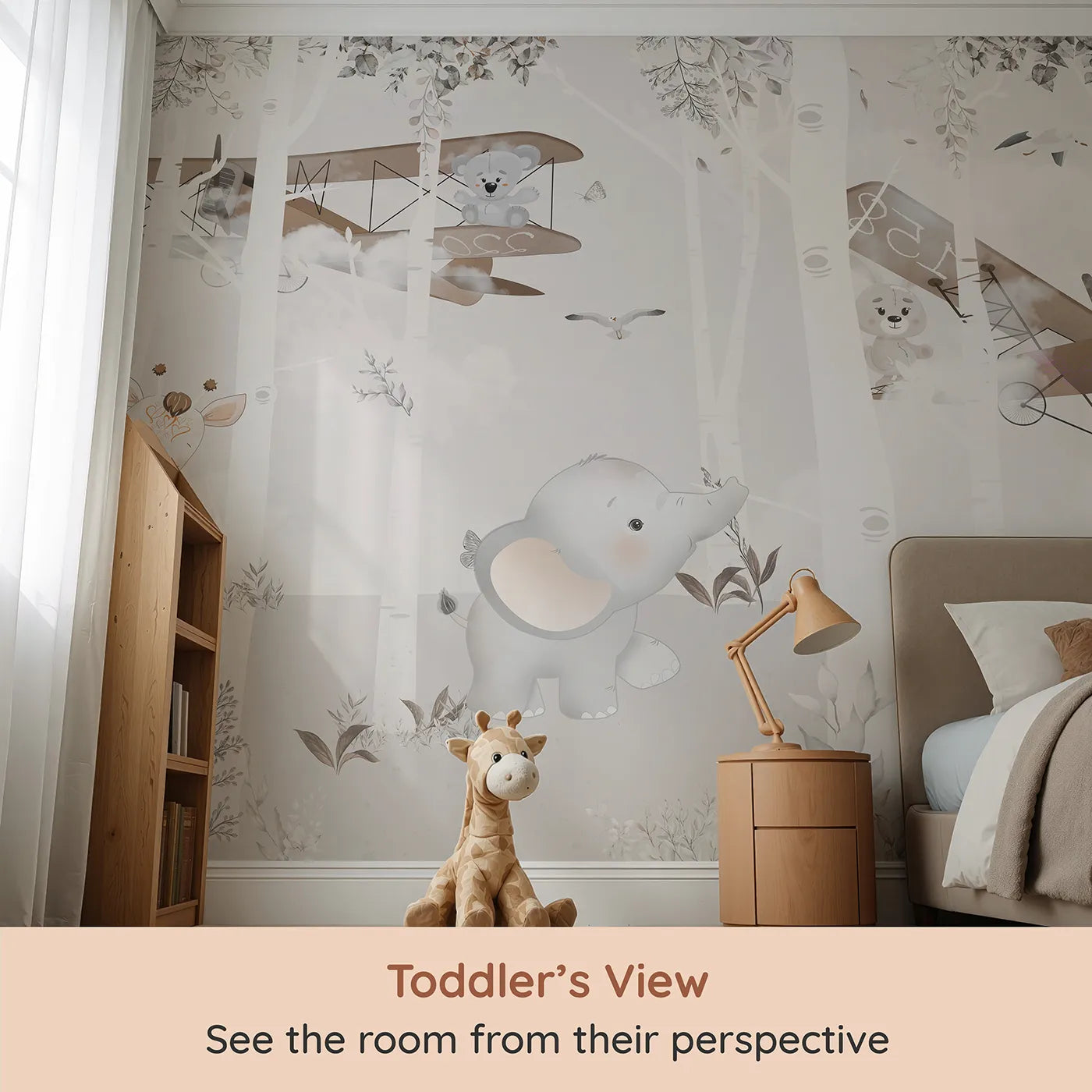 Whimsy Tots Safari Birch Forest Wall Mural (Turn Their Room into a Gentle, High-Flying Woodland Adventure) from your child's view.Gender-Neutral