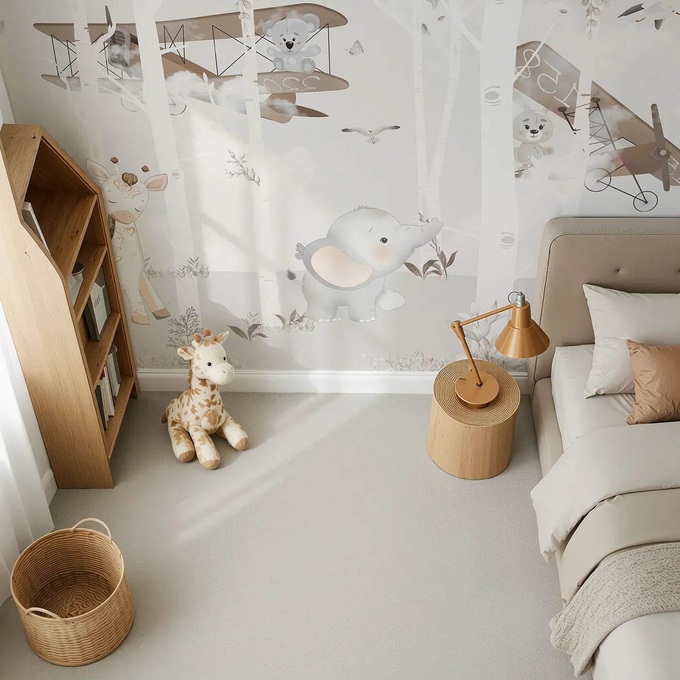 Top-down view of Whimsy Tots' Safari Birch Forest Wall Mural (Turn Their Room into a Gentle, High-Flying Woodland Adventure).Gender-Neutral