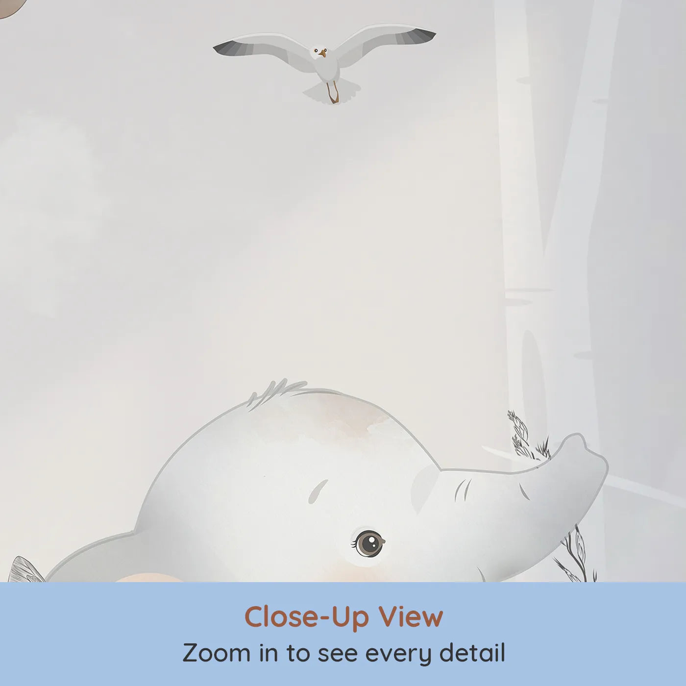 Close-up view of Whimsy Tots' Safari Birch Forest Wall Mural (Turn Their Room into a Gentle, High-Flying Woodland Adventure).Gender-Neutral