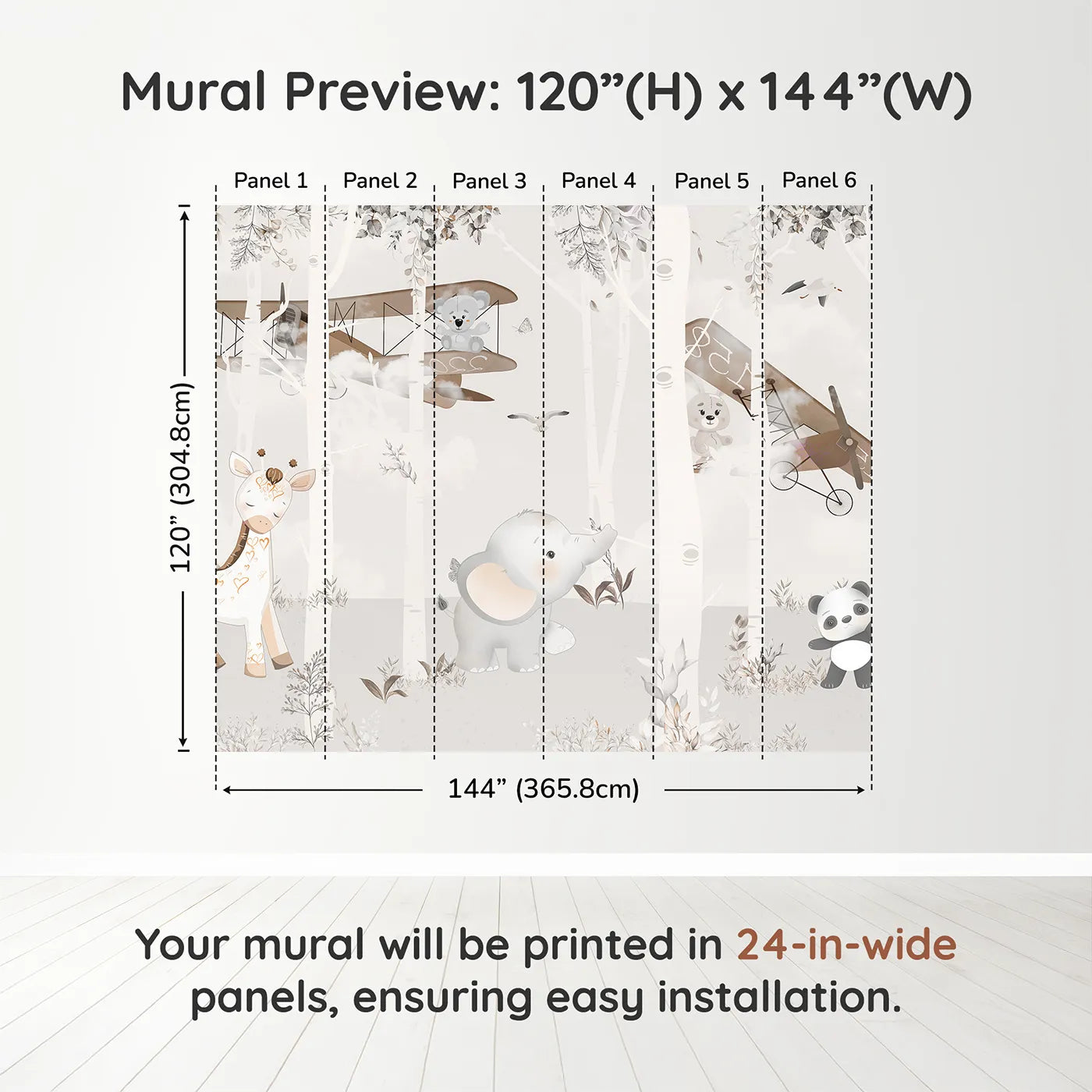 Whimsy Tots Safari Birch Forest Wall Muraldimension view (120" H x 144" W). Printed in six 24-inch-wide panels. Gender-Neutral