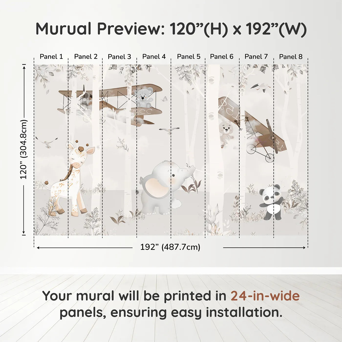 Whimsy Tots Safari Birch Forest Wall Muraldimension view (120" H x 192" W). Printed in eight 24-inch-wide panels. Gender-Neutral