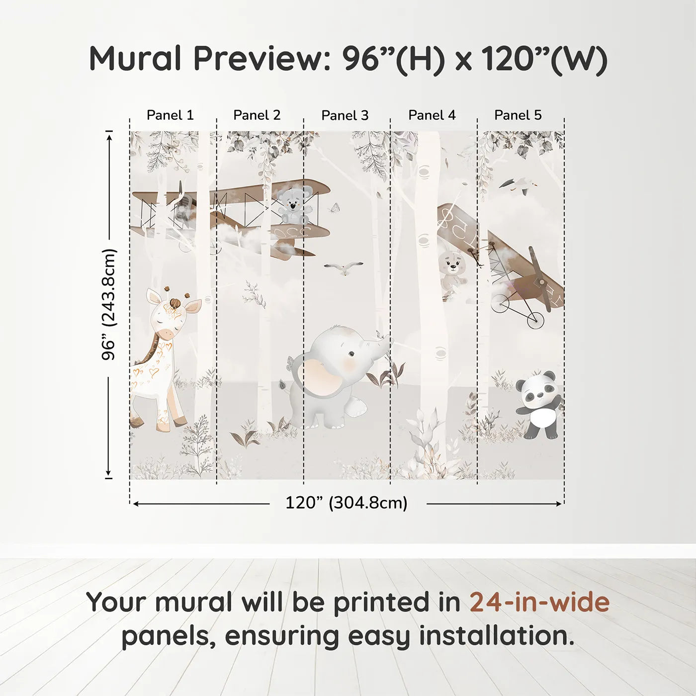 Whimsy Tots Safari Birch Forest Wall Muraldimension view (96" H x 120" W). Printed in five 24-inch-wide panels. Gender-Neutral