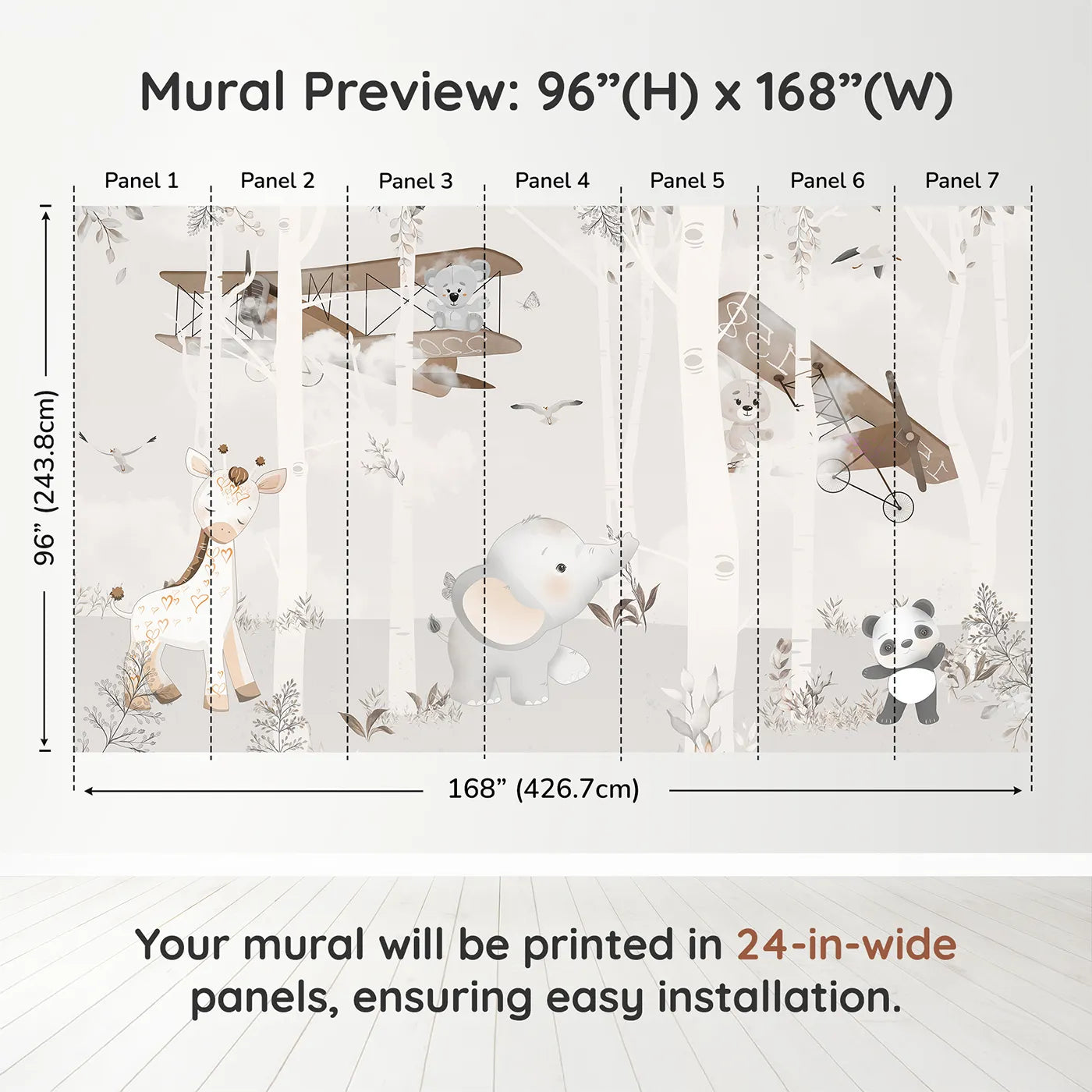 Whimsy Tots Safari Birch Forest Wall Muraldimension view (96" H x 168" W). Printed in seven 24-inch-wide panels. Gender-Neutral