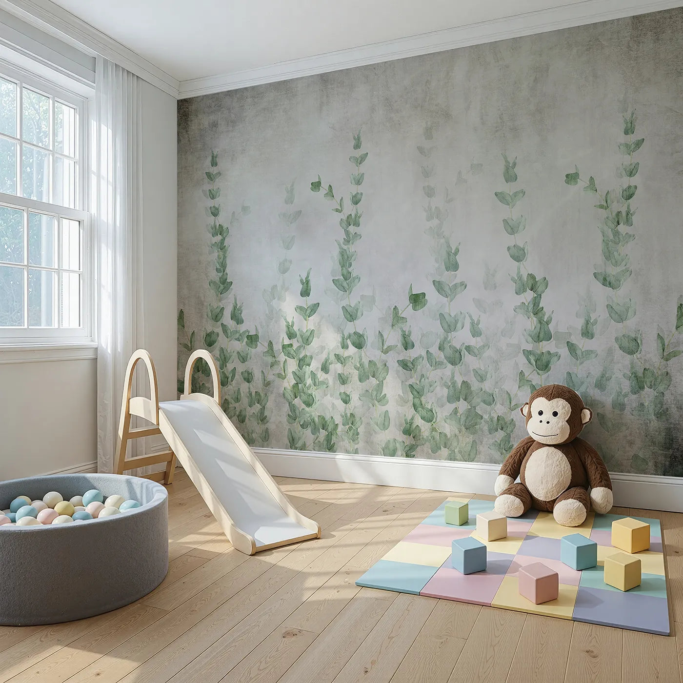Angled view of Whimsy Tots' Eucalyptus Grove Wall Mural (Turn Their Room into a Field of Gentle, Rustic Greenery).Gender-Neutral