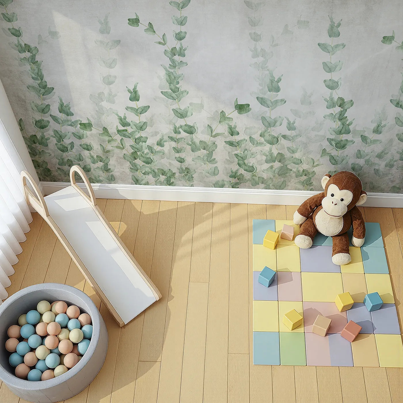 Top-down view of Whimsy Tots' Eucalyptus Grove Wall Mural (Turn Their Room into a Field of Gentle, Rustic Greenery).Gender-Neutral