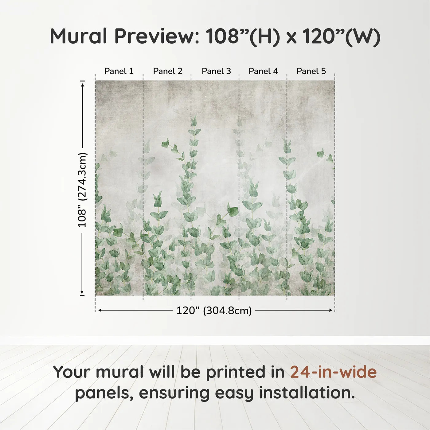 Whimsy Tots Eucalyptus Grove Wall Muraldimension view (108" H x 120" W). Printed in five 24-inch-wide panels. Gender-Neutral