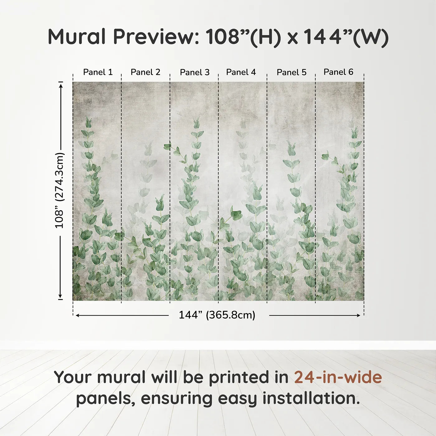 Whimsy Tots Eucalyptus Grove Wall Muraldimension view (108" H x 144" W). Printed in six 24-inch-wide panels. Gender-Neutral