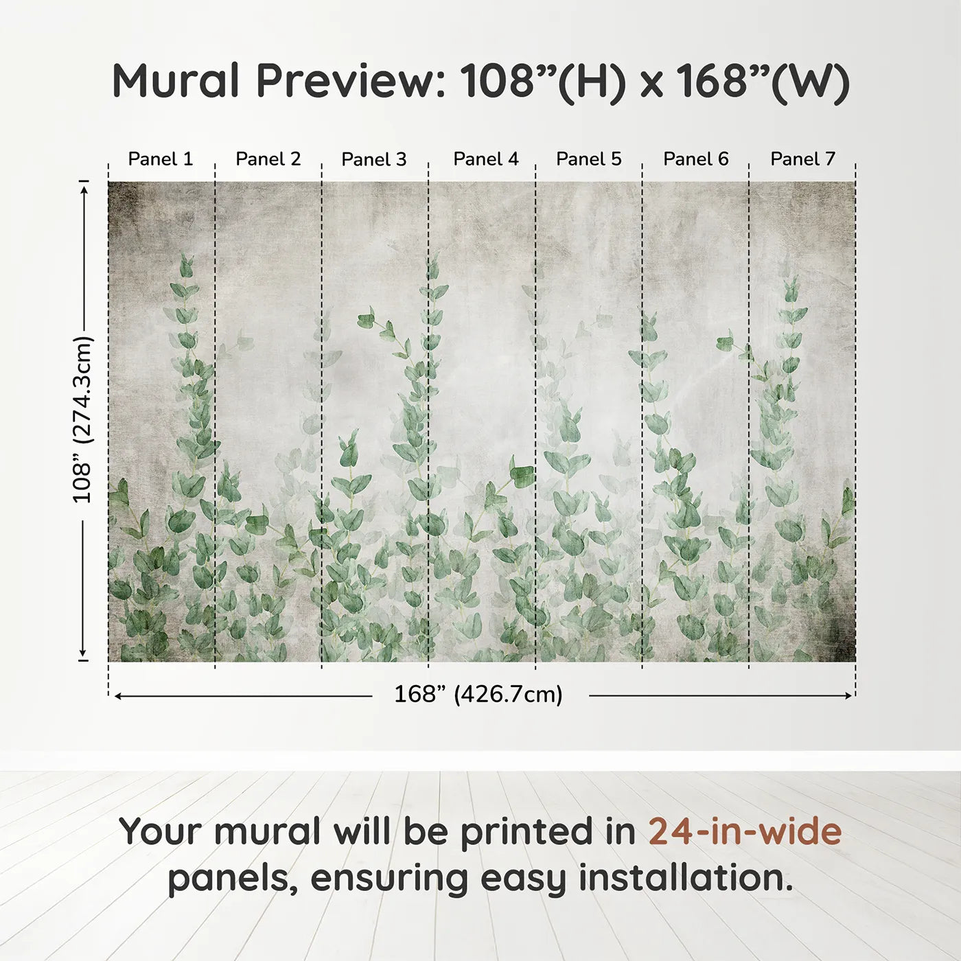 Whimsy Tots Eucalyptus Grove Wall Muraldimension view (108" H x 168" W). Printed in seven 24-inch-wide panels. Gender-Neutral