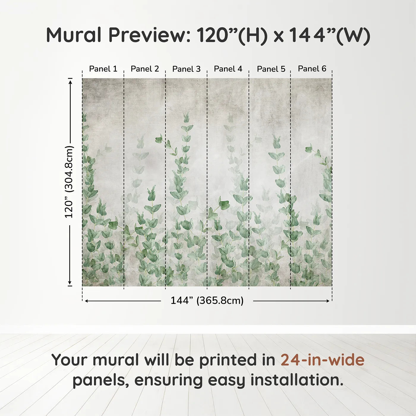 Whimsy Tots Eucalyptus Grove Wall Muraldimension view (120" H x 144" W). Printed in six 24-inch-wide panels. Gender-Neutral