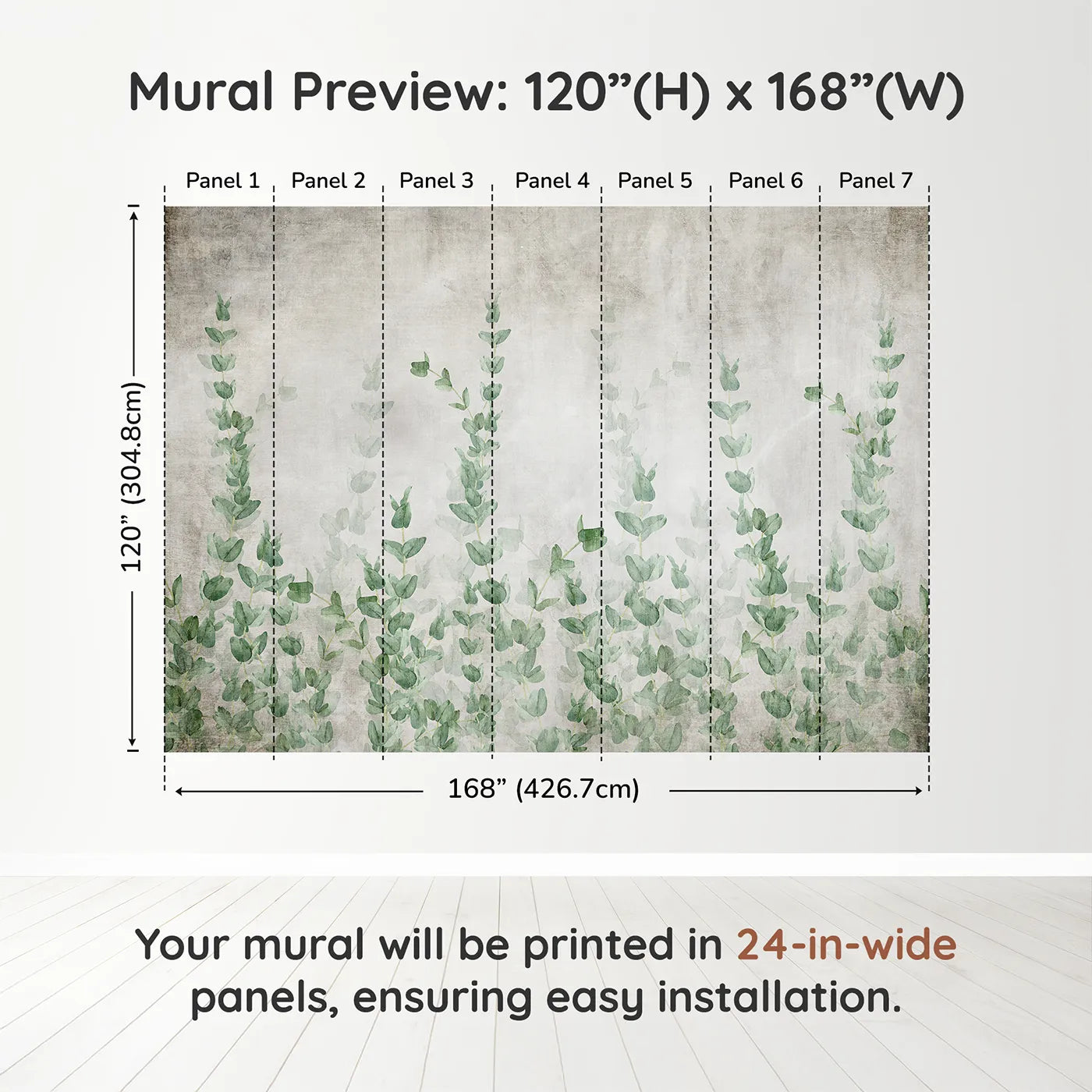 Whimsy Tots Eucalyptus Grove Wall Muraldimension view (120" H x 168" W). Printed in seven 24-inch-wide panels. Gender-Neutral