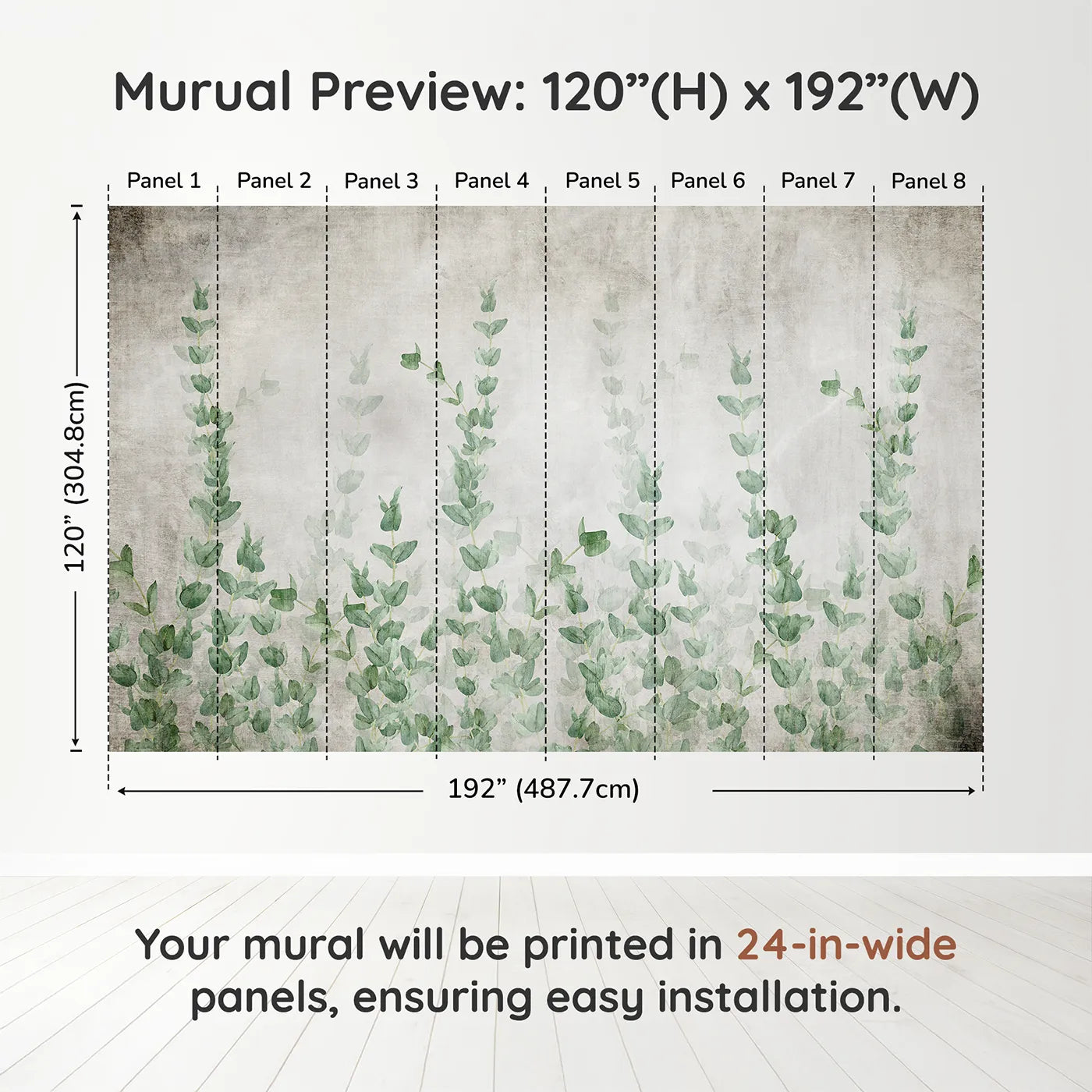 Whimsy Tots Eucalyptus Grove Wall Muraldimension view (120" H x 192" W). Printed in eight 24-inch-wide panels. Gender-Neutral