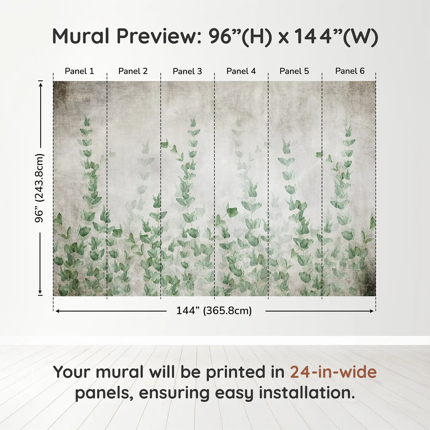 Whimsy Tots Eucalyptus Grove Wall Muraldimension view (96" H x 144" W). Printed in six 24-inch-wide panels. Gender-Neutral