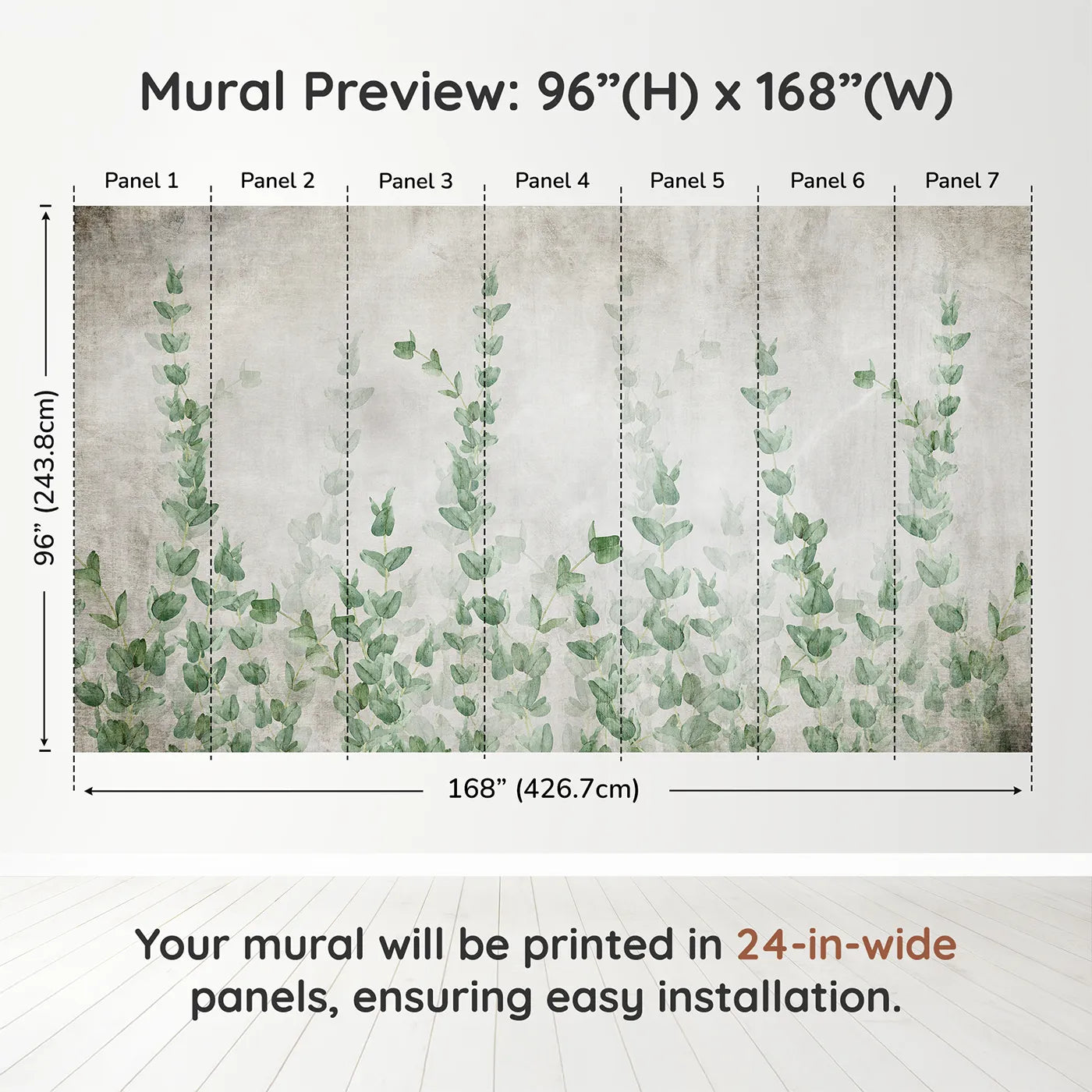 Whimsy Tots Eucalyptus Grove Wall Muraldimension view (96" H x 168" W). Printed in seven 24-inch-wide panels. Gender-Neutral