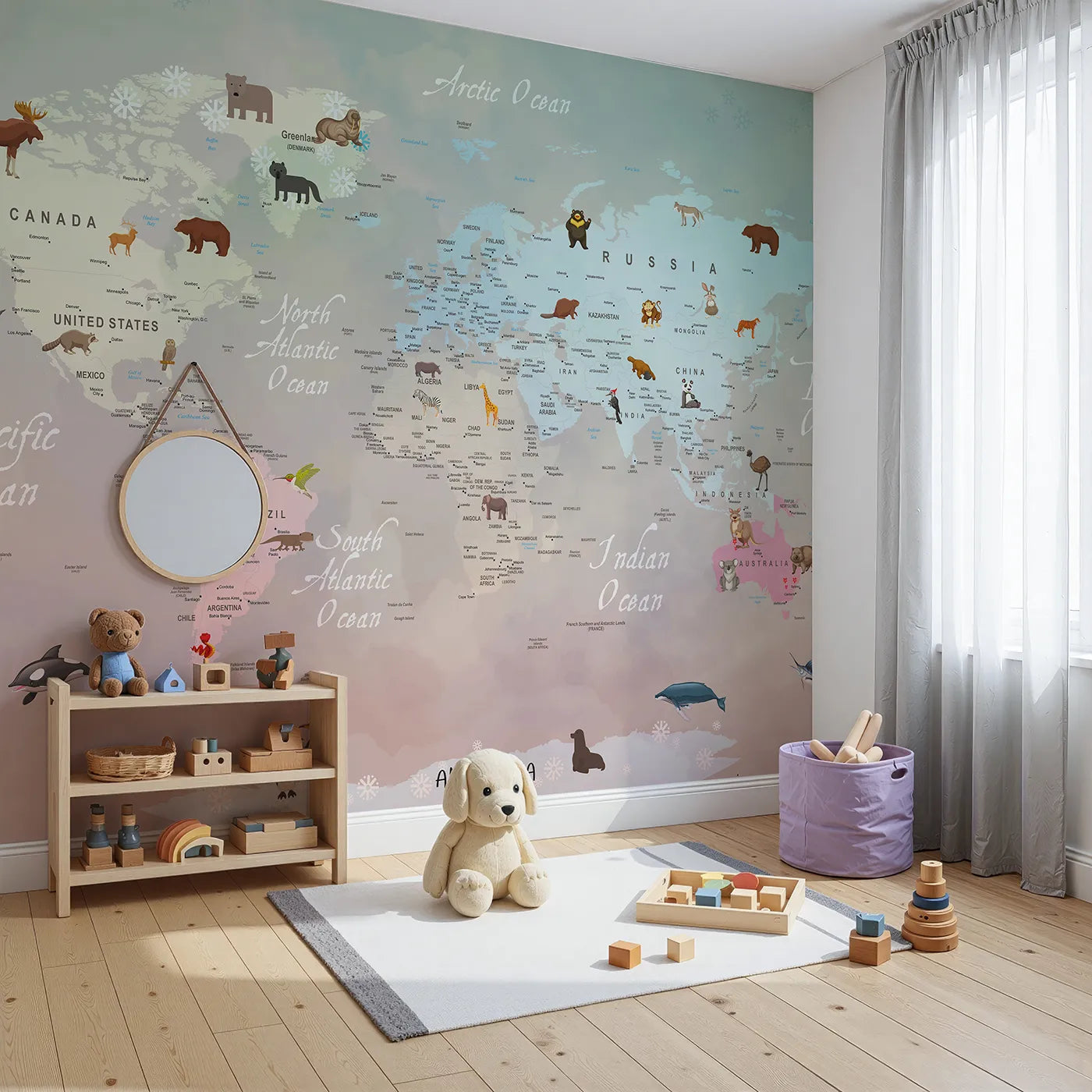 Angled view of Whimsy Tots' Winter Animal World Map Wall Mural (Turn Their Room into a Snowy, Global Expedition).Gender-Neutral