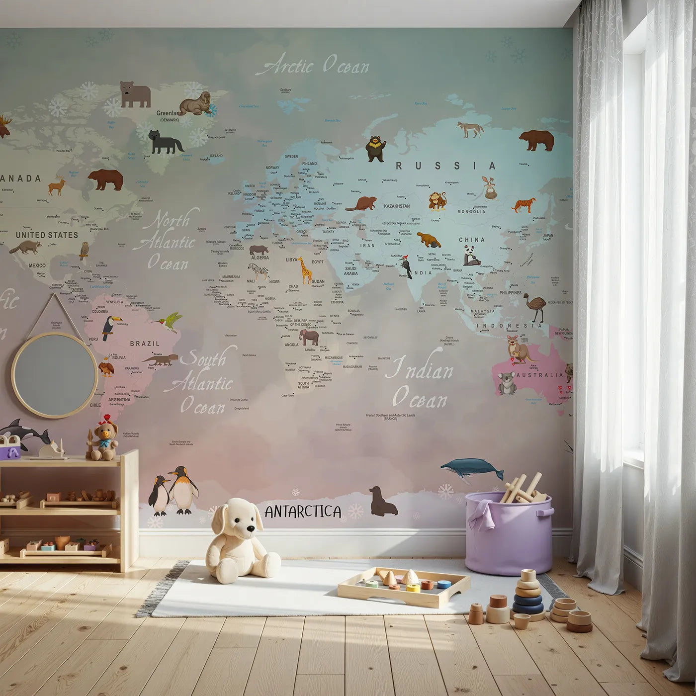 Front view of Whimsy Tots' Winter Animal World Map Wall Mural