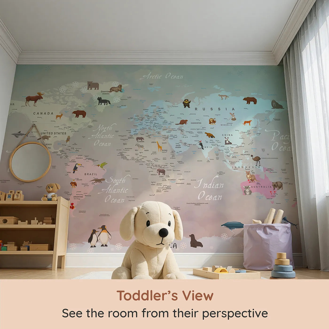 Whimsy Tots Winter Animal World Map Wall Mural (Turn Their Room into a Snowy, Global Expedition) from your child's view.Gender-Neutral