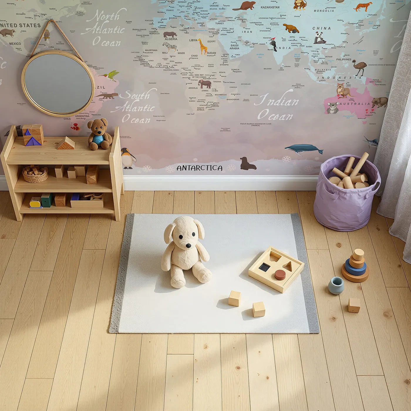 Top-down view of Whimsy Tots' Winter Animal World Map Wall Mural (Turn Their Room into a Snowy, Global Expedition).Gender-Neutral