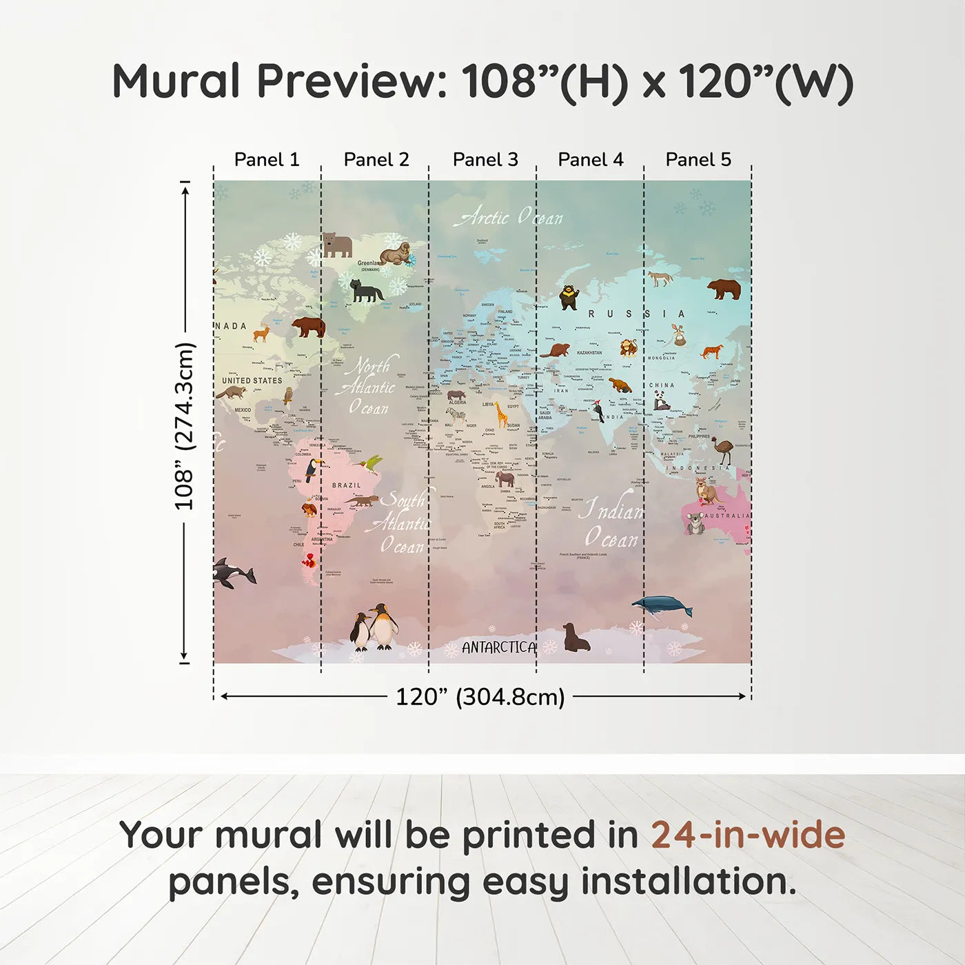 Whimsy Tots Winter Animal World Map Wall Muraldimension view (108" H x 120" W). Printed in five 24-inch-wide panels. Gender-Neutral