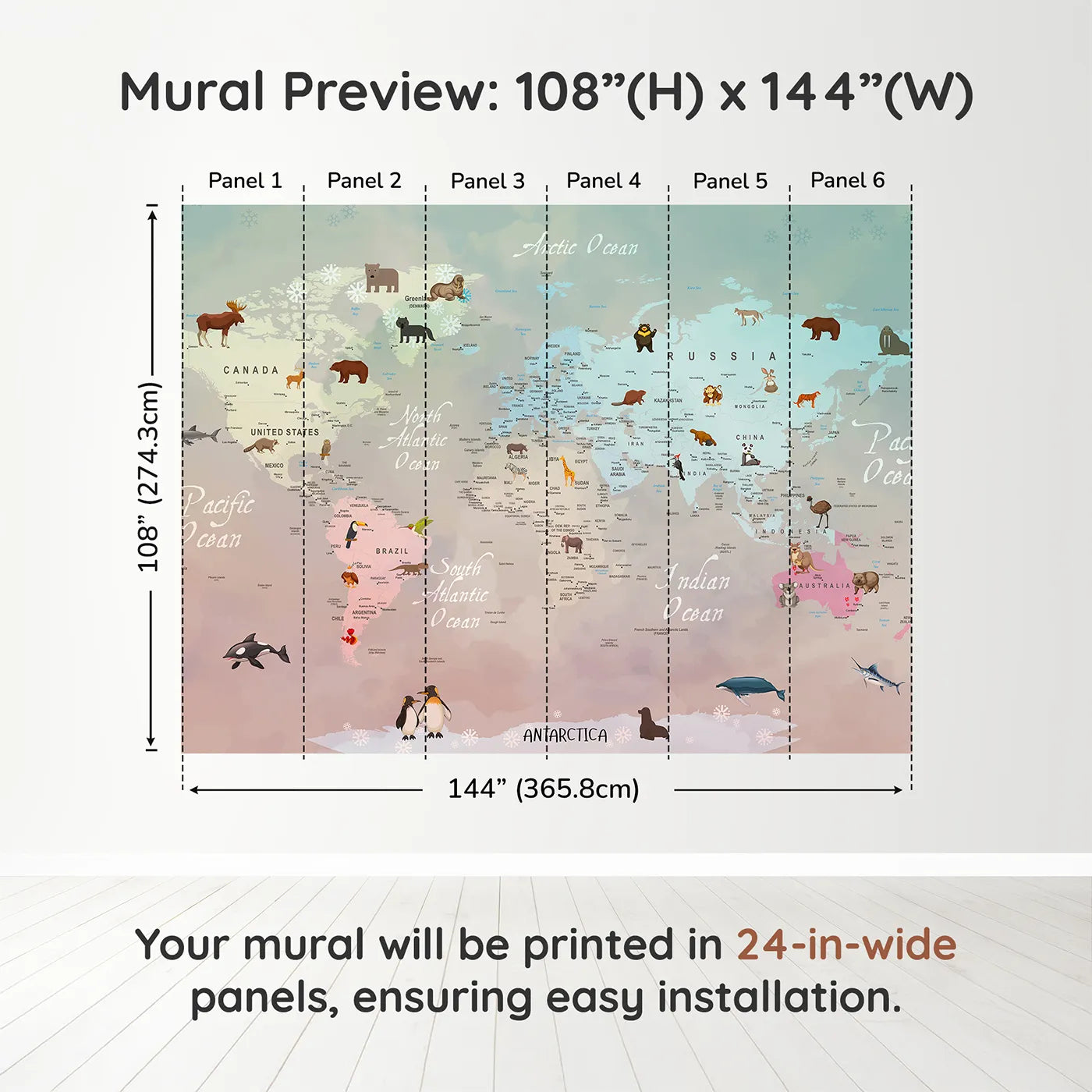Whimsy Tots Winter Animal World Map Wall Muraldimension view (108" H x 144" W). Printed in six 24-inch-wide panels. Gender-Neutral
