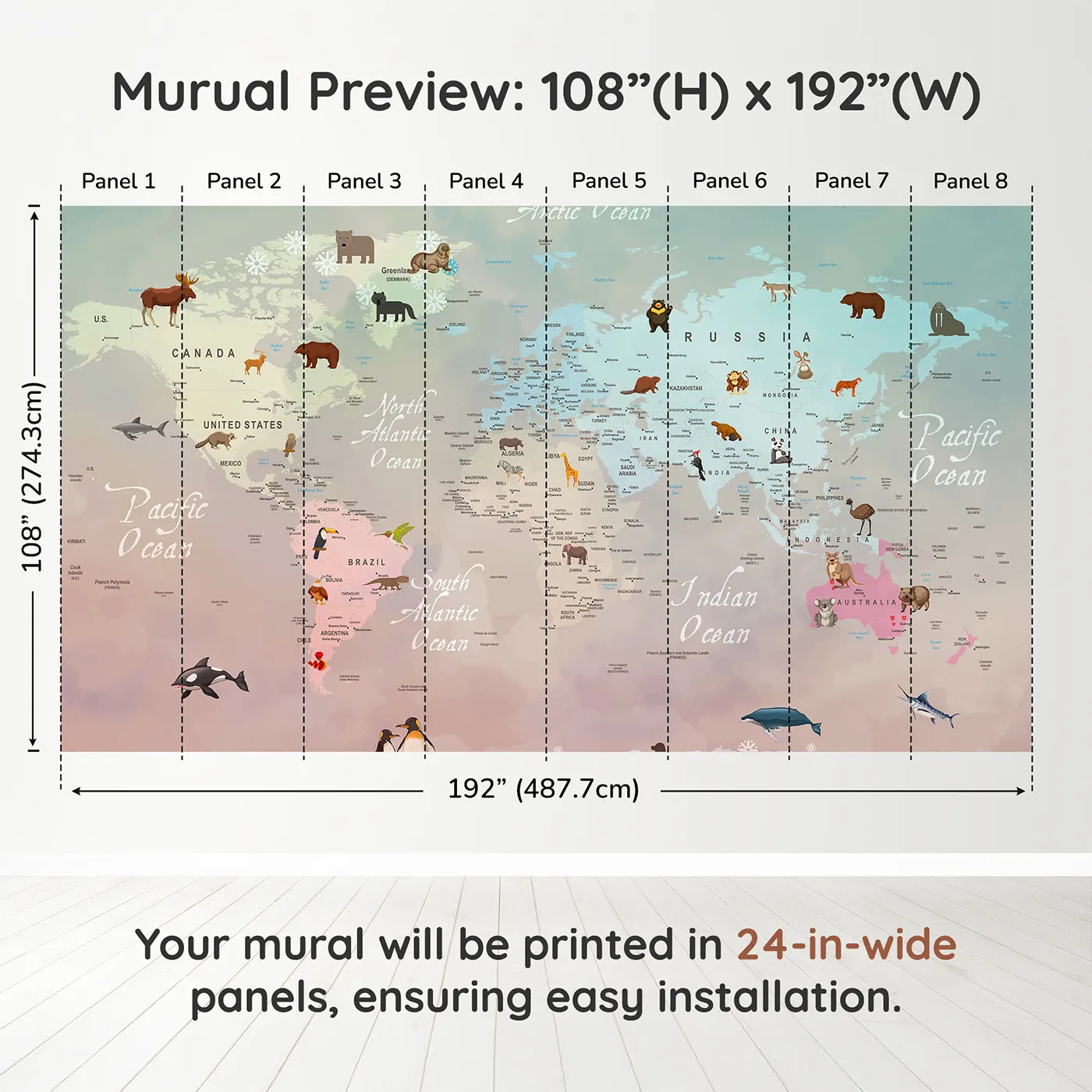 Whimsy Tots Winter Animal World Map Wall Muraldimension view (108" H x 192" W). Printed in eight 24-inch-wide panels. Gender-Neutral