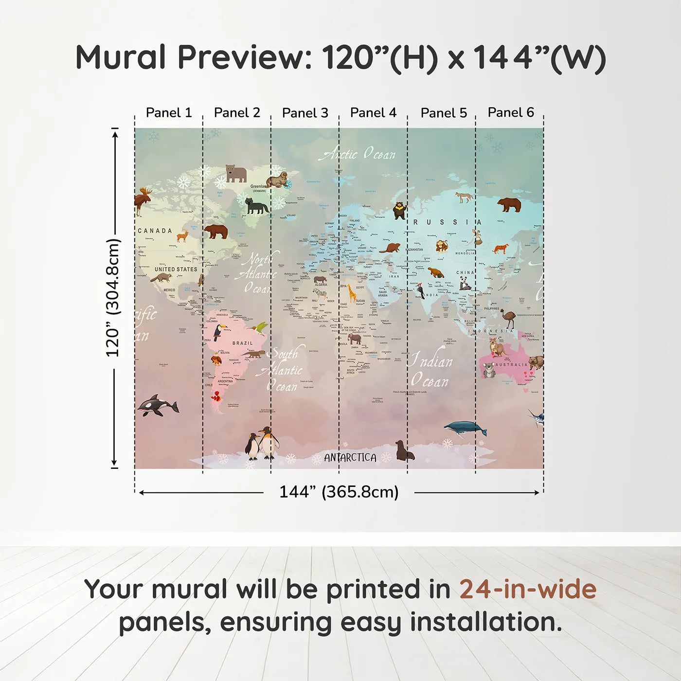 Whimsy Tots Winter Animal World Map Wall Muraldimension view (120" H x 144" W). Printed in six 24-inch-wide panels. Gender-Neutral