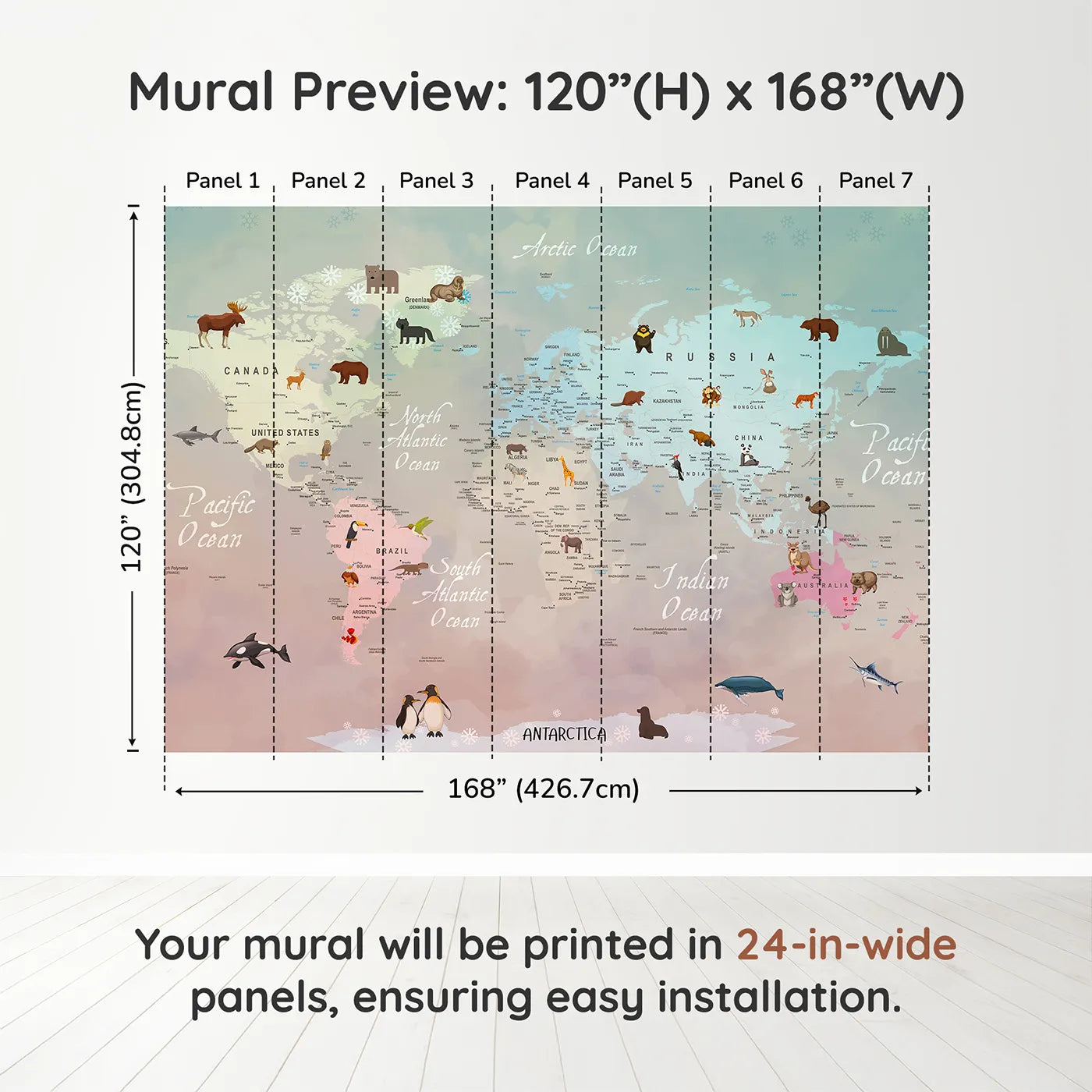 Whimsy Tots Winter Animal World Map Wall Muraldimension view (120" H x 168" W). Printed in seven 24-inch-wide panels. Gender-Neutral