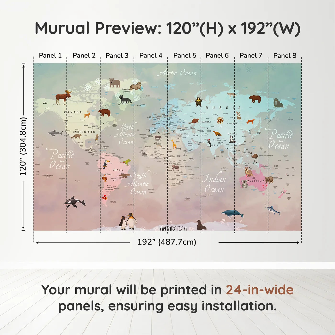 Whimsy Tots Winter Animal World Map Wall Muraldimension view (120" H x 192" W). Printed in eight 24-inch-wide panels. Gender-Neutral