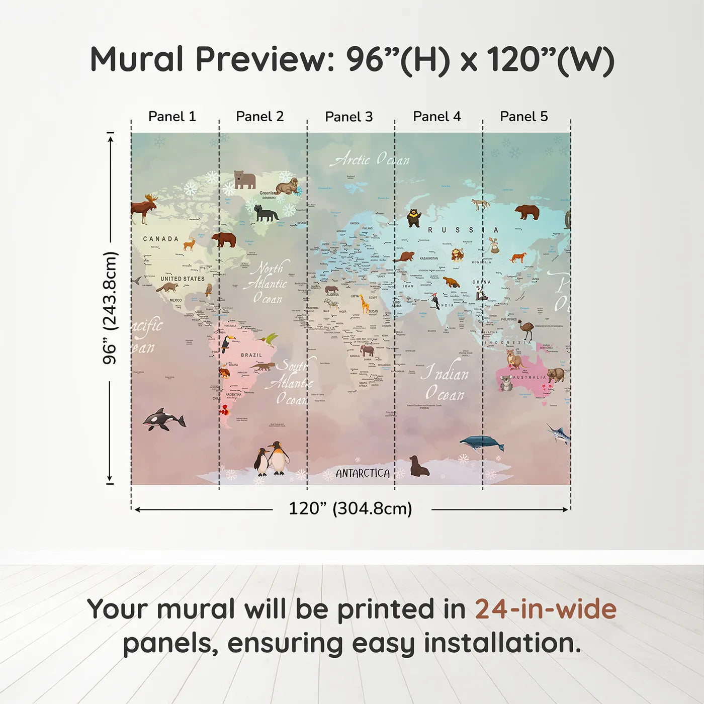Whimsy Tots Winter Animal World Map Wall Muraldimension view (96" H x 120" W). Printed in five 24-inch-wide panels. Gender-Neutral