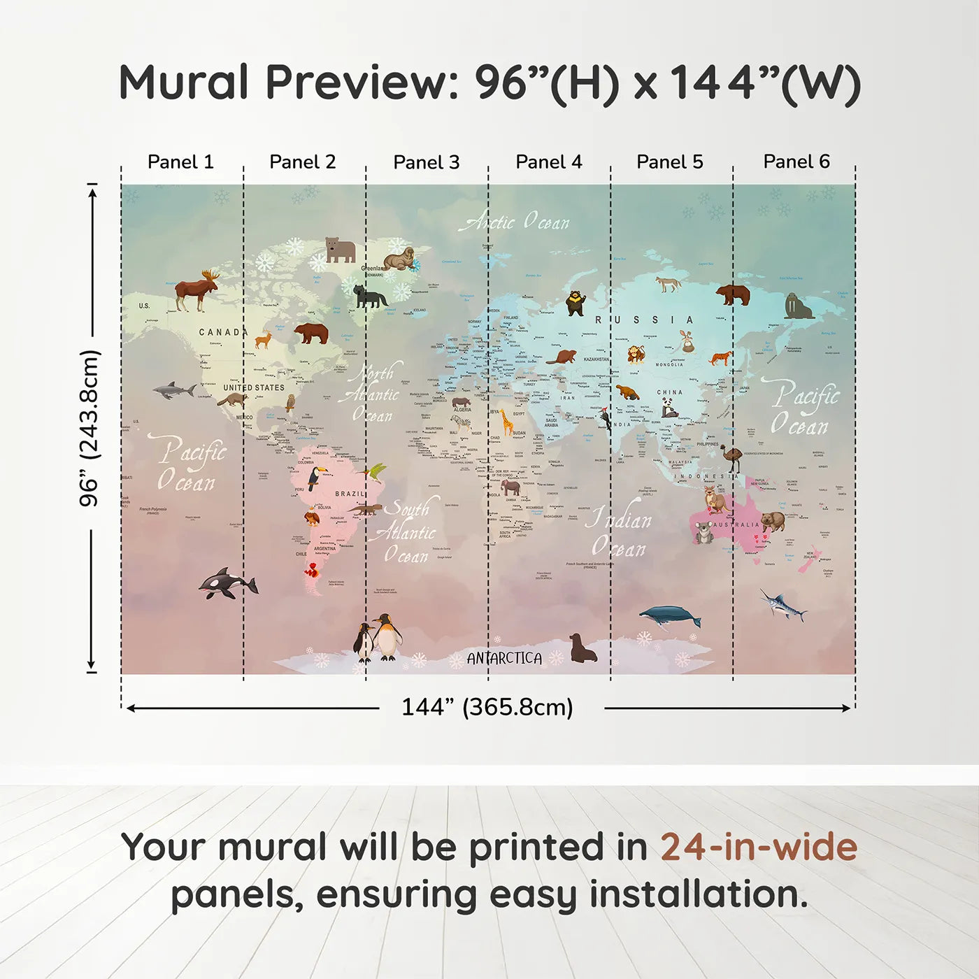 Whimsy Tots Winter Animal World Map Wall Muraldimension view (96" H x 144" W). Printed in six 24-inch-wide panels. Gender-Neutral