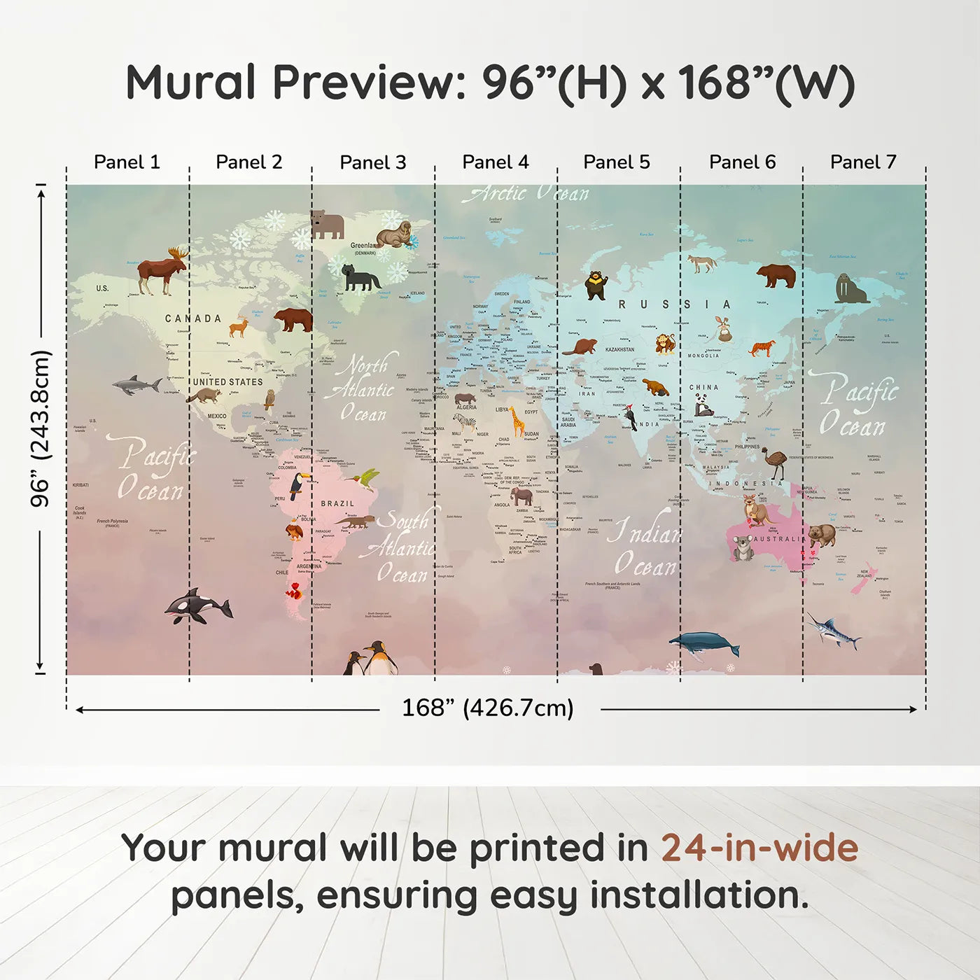 Whimsy Tots Winter Animal World Map Wall Muraldimension view (96" H x 168" W). Printed in seven 24-inch-wide panels. Gender-Neutral