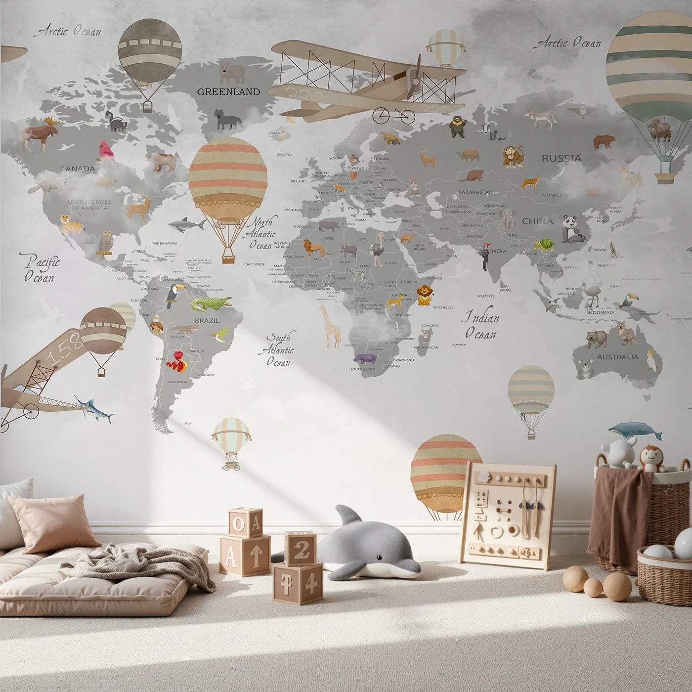 Front view of Whimsy Tots' Vintage Aviator World Map Wall Mural