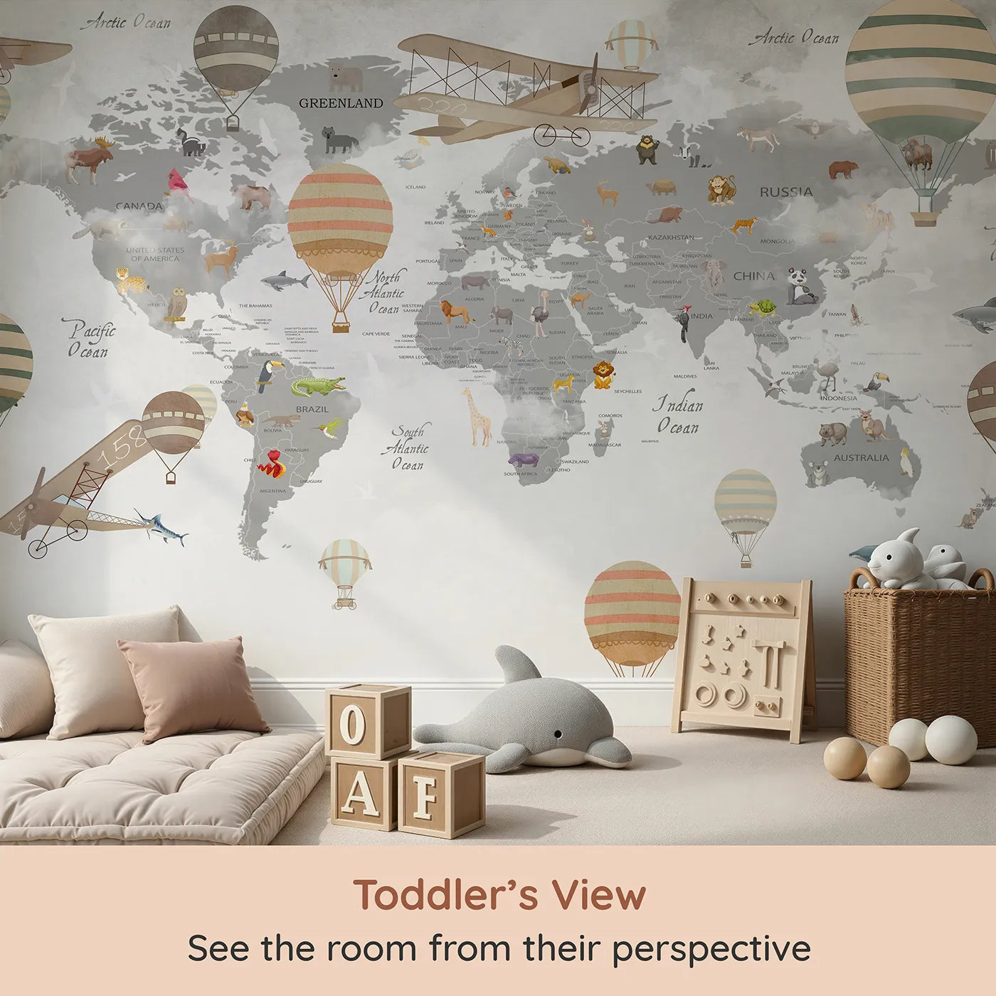 Whimsy Tots Vintage Aviator World Map Wall Mural (Turn Their Room into a Grand, Old-World Air Show) from your child's view.Gender-Neutral