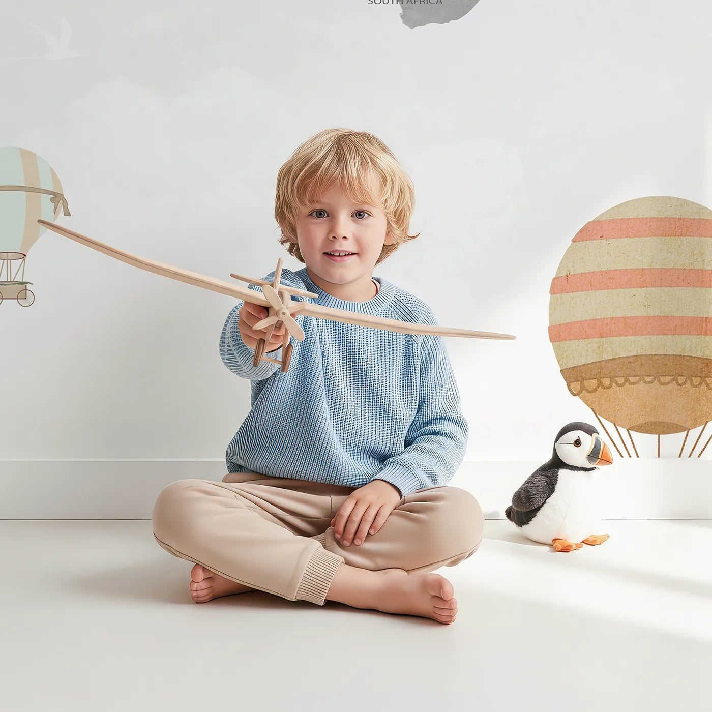 Child in front of Whimsy Tots Vintage Aviator World Map Wall Mural with map, world, animal, airplane, balloon, vintage, travel, gray in design.