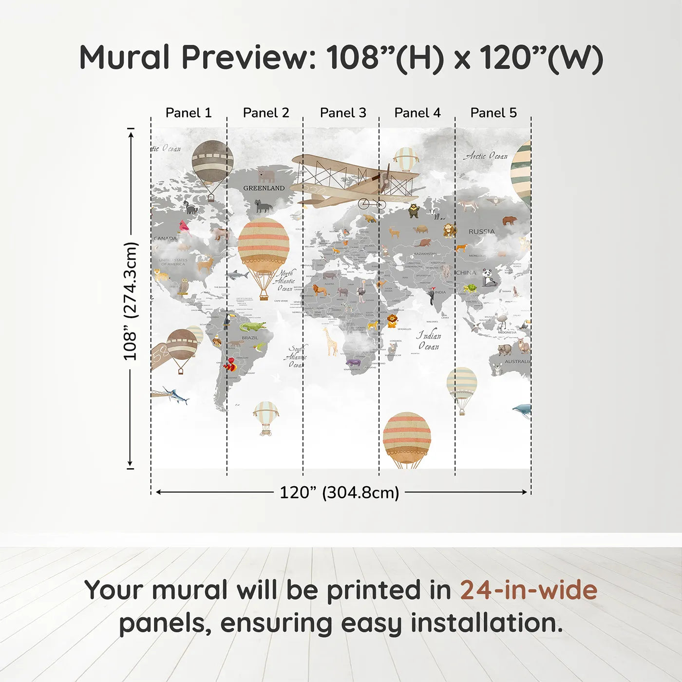 Whimsy Tots Vintage Aviator World Map Wall Muraldimension view (108" H x 120" W). Printed in five 24-inch-wide panels. Gender-Neutral