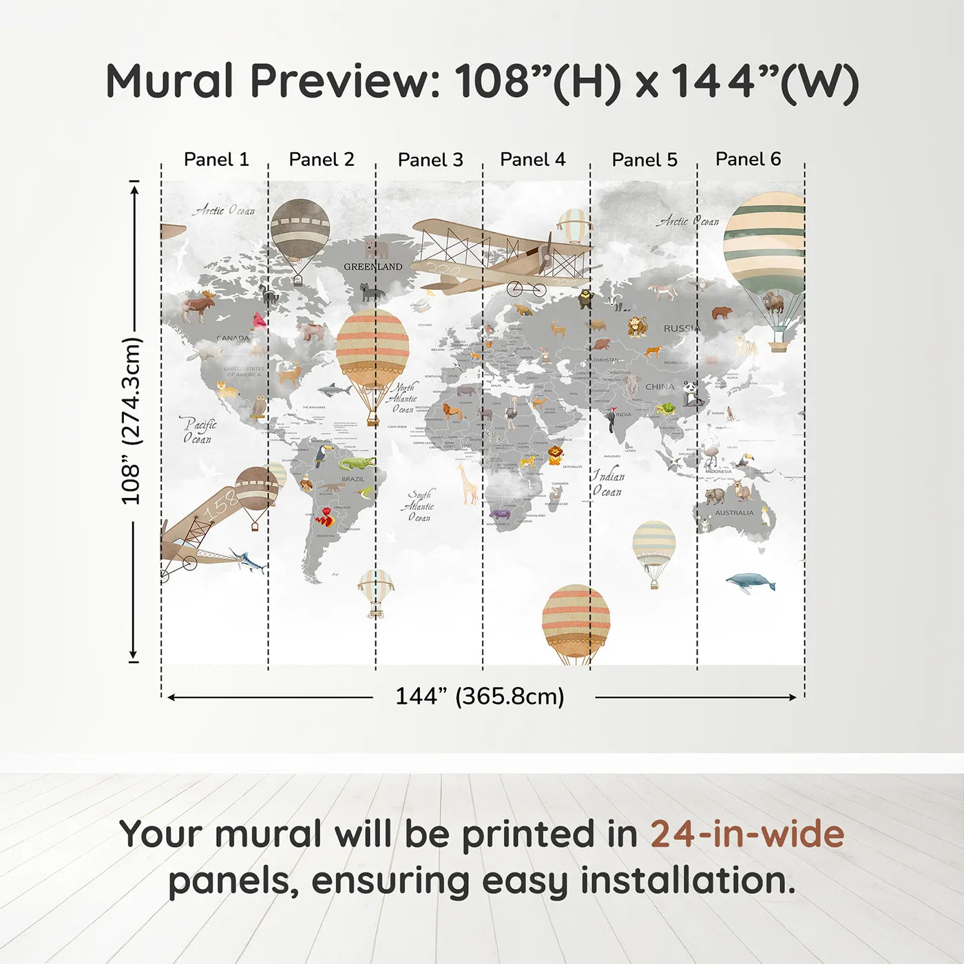 Whimsy Tots Vintage Aviator World Map Wall Muraldimension view (108" H x 144" W). Printed in six 24-inch-wide panels. Gender-Neutral