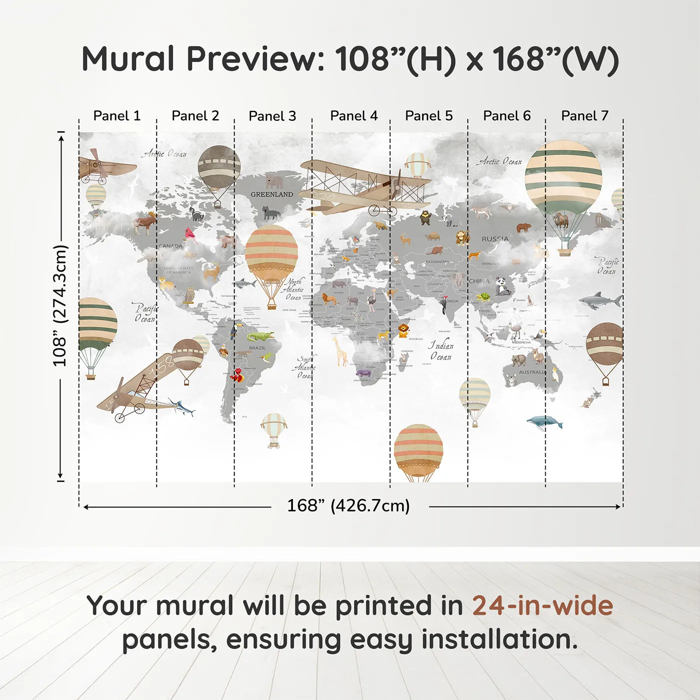 Whimsy Tots Vintage Aviator World Map Wall Muraldimension view (108" H x 168" W). Printed in seven 24-inch-wide panels. Gender-Neutral