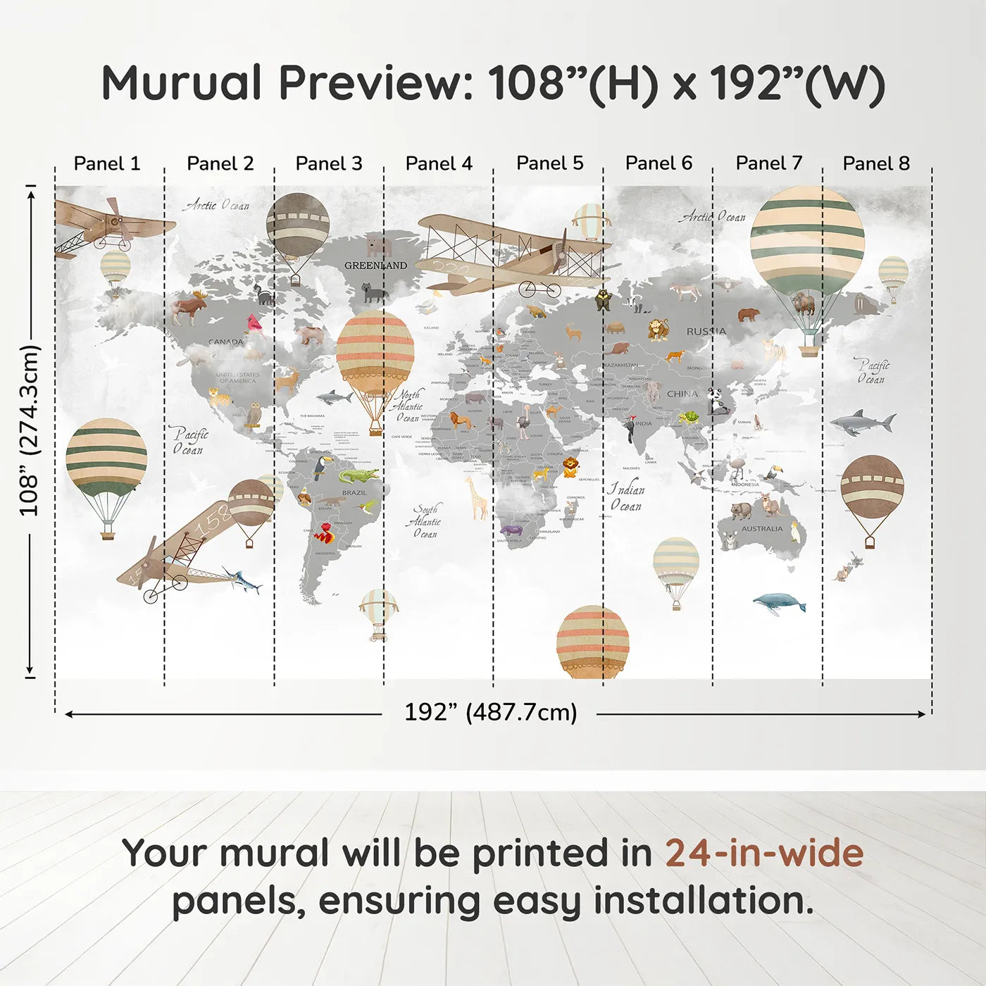 Whimsy Tots Vintage Aviator World Map Wall Muraldimension view (108" H x 192" W). Printed in eight 24-inch-wide panels. Gender-Neutral