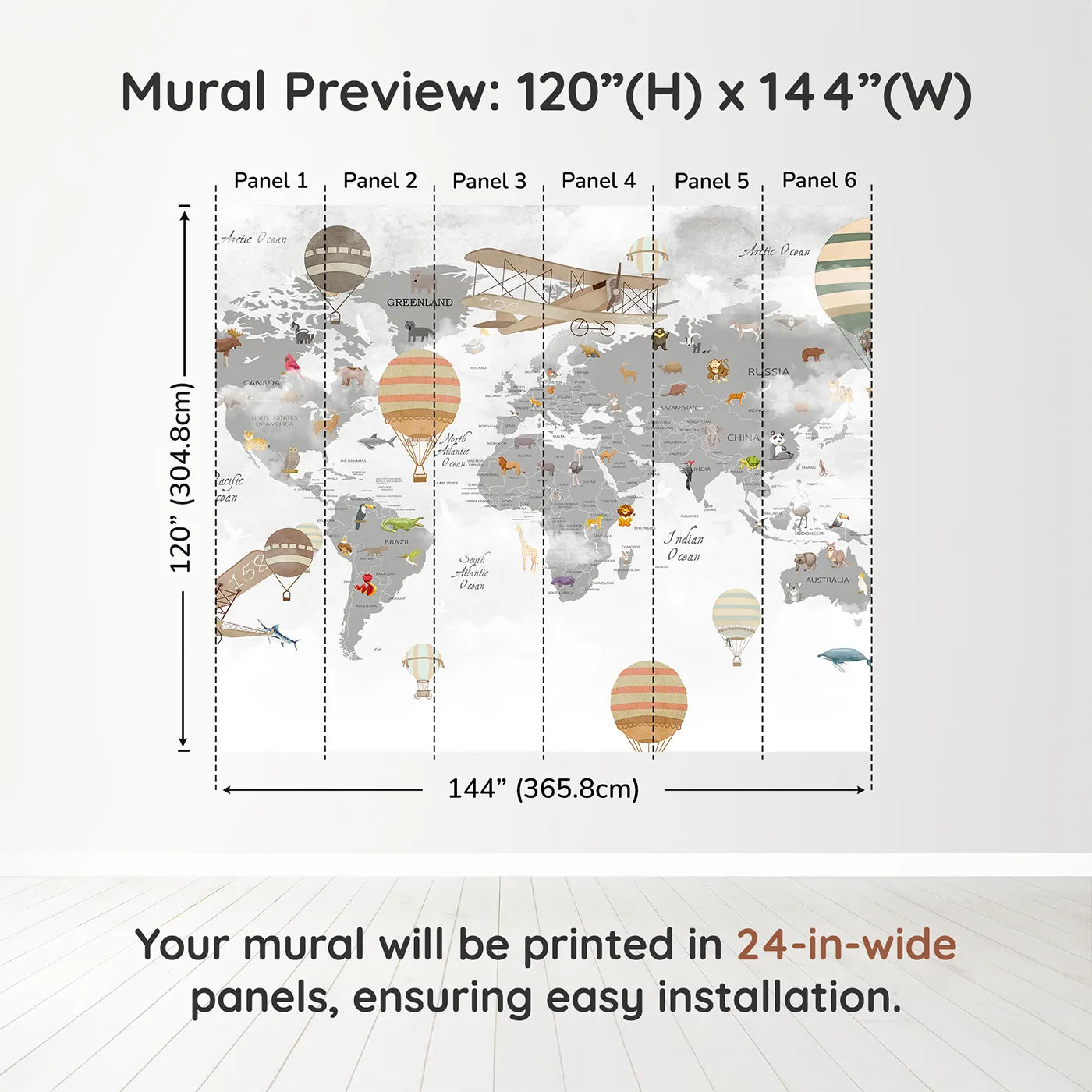 Whimsy Tots Vintage Aviator World Map Wall Muraldimension view (120" H x 144" W). Printed in six 24-inch-wide panels. Gender-Neutral