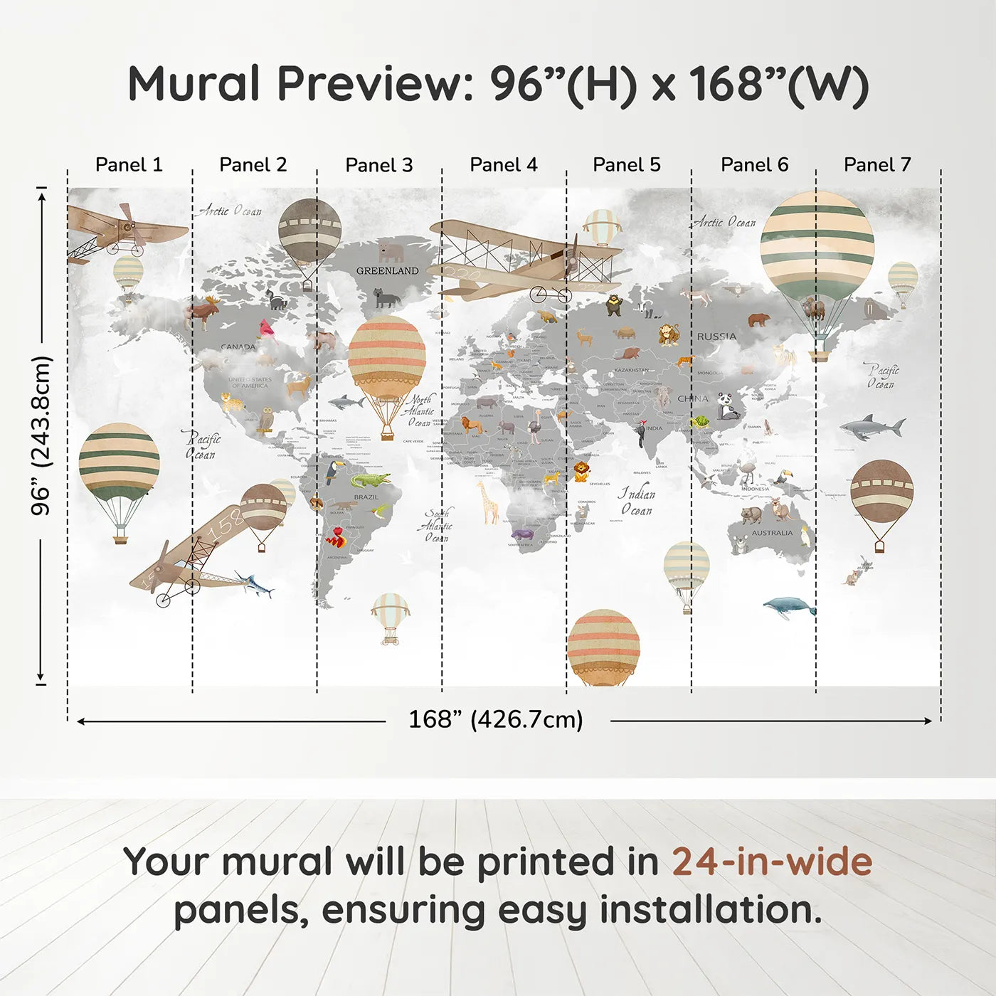 Whimsy Tots Vintage Aviator World Map Wall Muraldimension view (96" H x 168" W). Printed in seven 24-inch-wide panels. Gender-Neutral