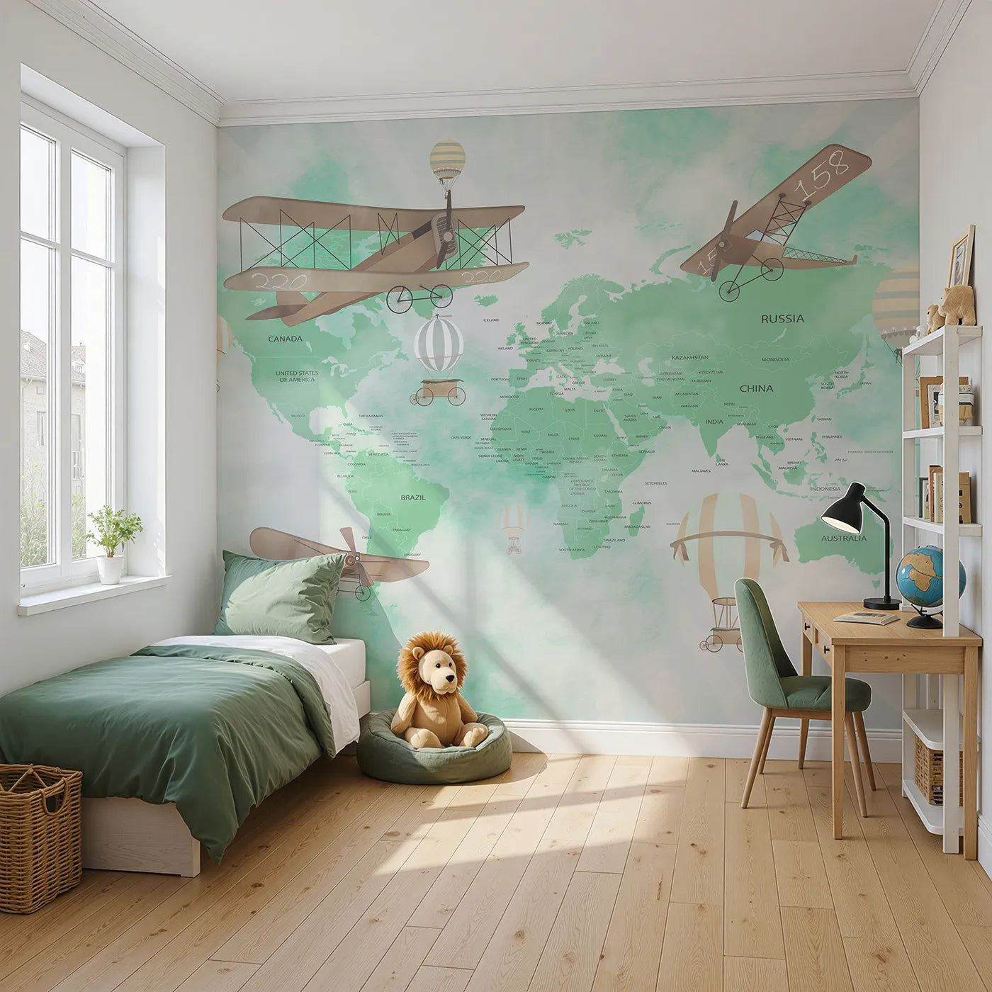 Angled view of Whimsy Tots' Green Vintage Aviator World Map Wall Mural (Turn Their Room into a Grand, Old-World Air Show).Gender-Neutral