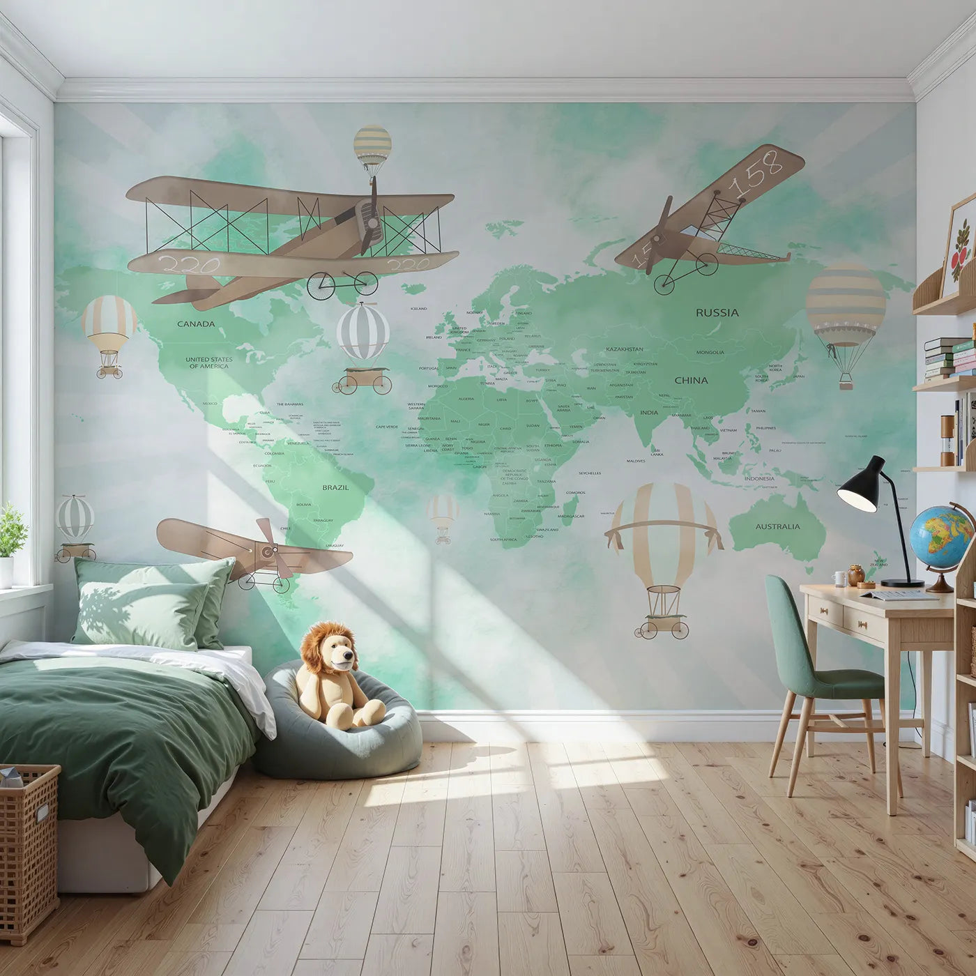 Front view of Whimsy Tots' Green Vintage Aviator World Map Wall Mural